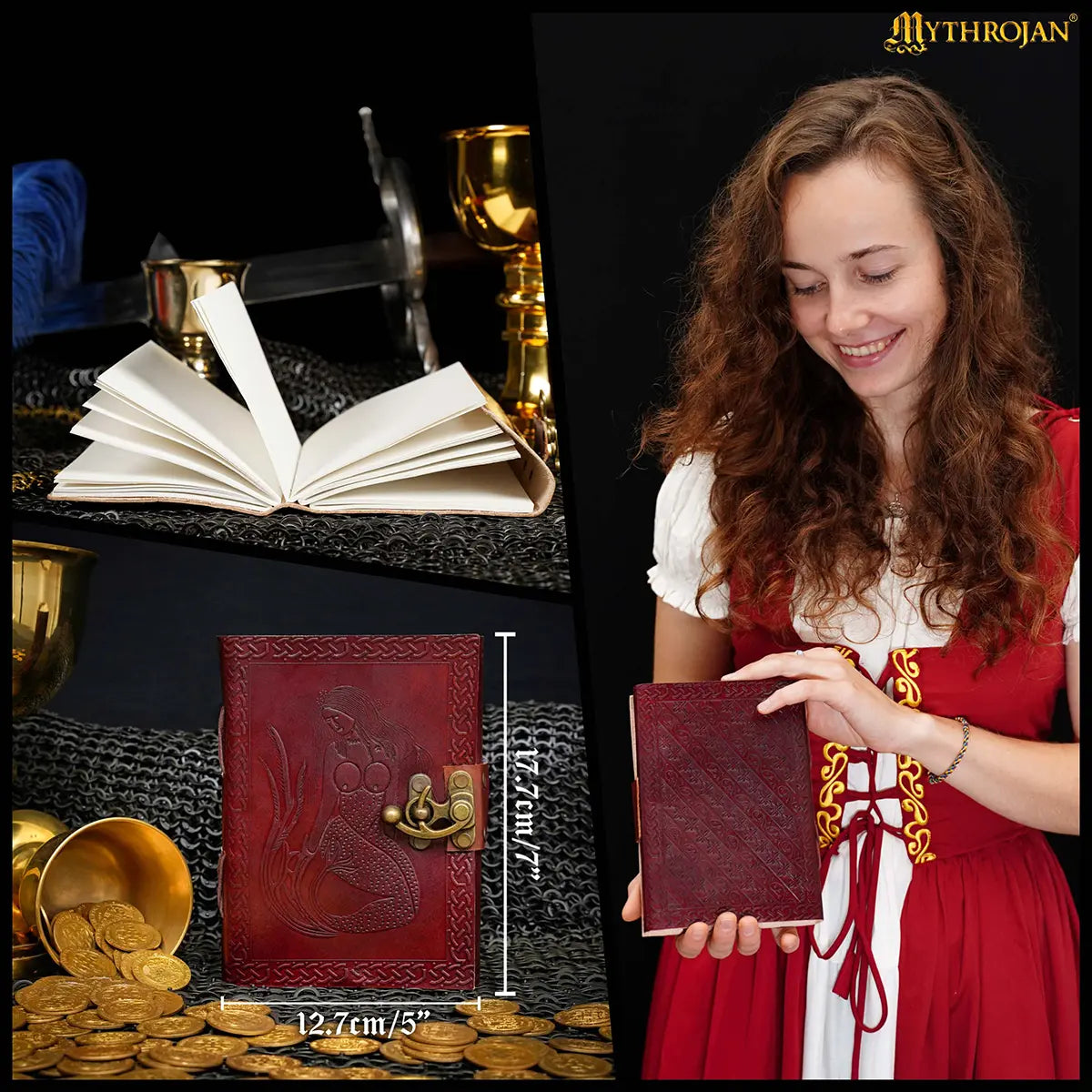 Cuaderno medieval de cuero con cerradura y diseño de sirena
