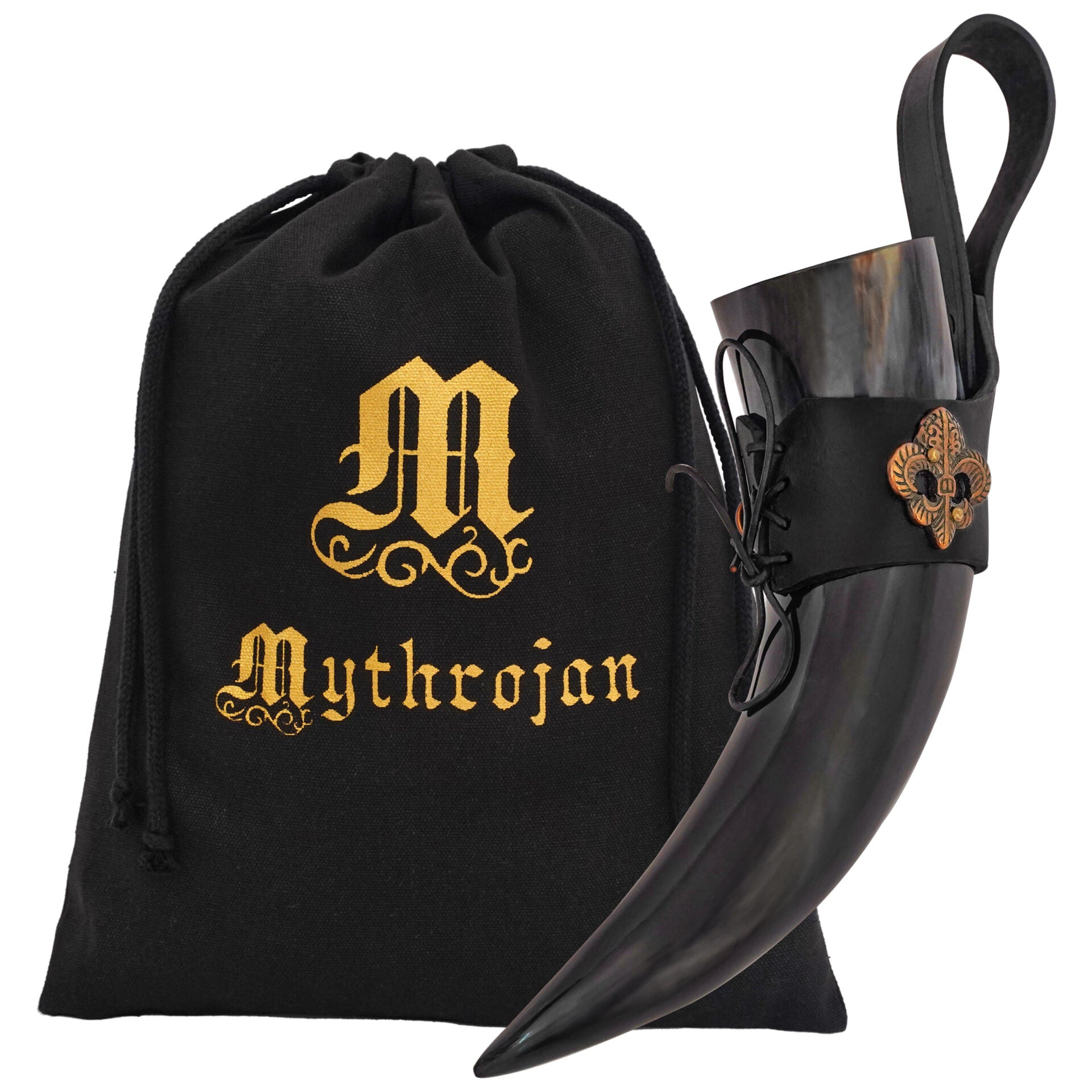 Cuerno bebedor vikingo 250 ml con soporte de cuero negro – acabado pulido