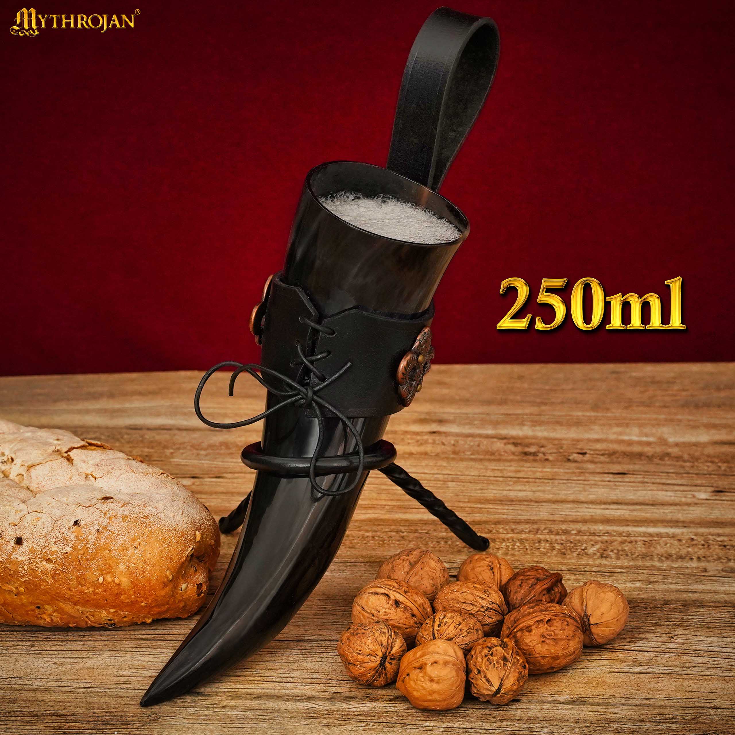 Cuerno bebedor vikingo 250 ml con soporte de cuero negro – acabado pulido - imagen 3