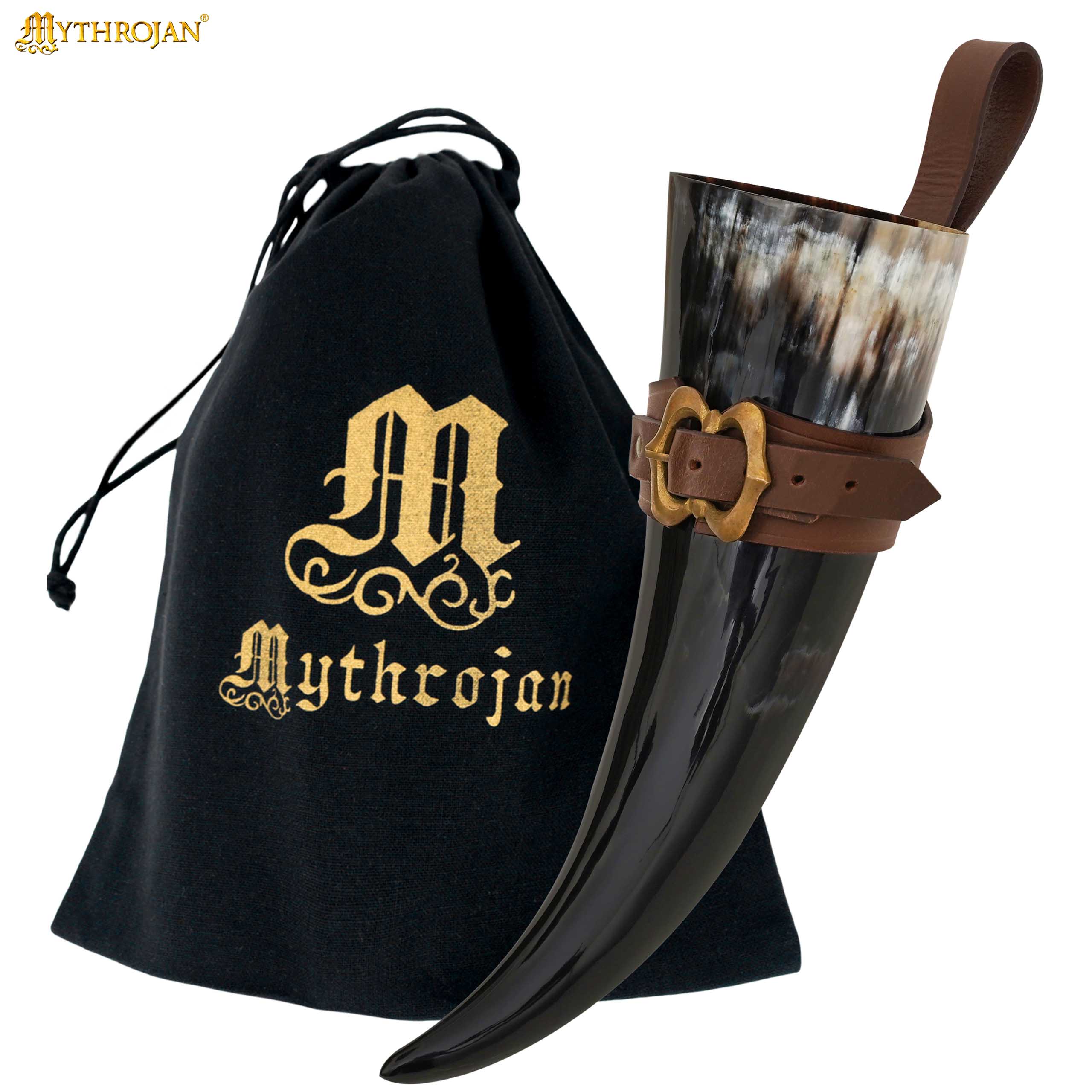 Cuerno vikingo Mythrojan "The Loyal Soldier" 600 ml con soporte de piel - acabado pulido
