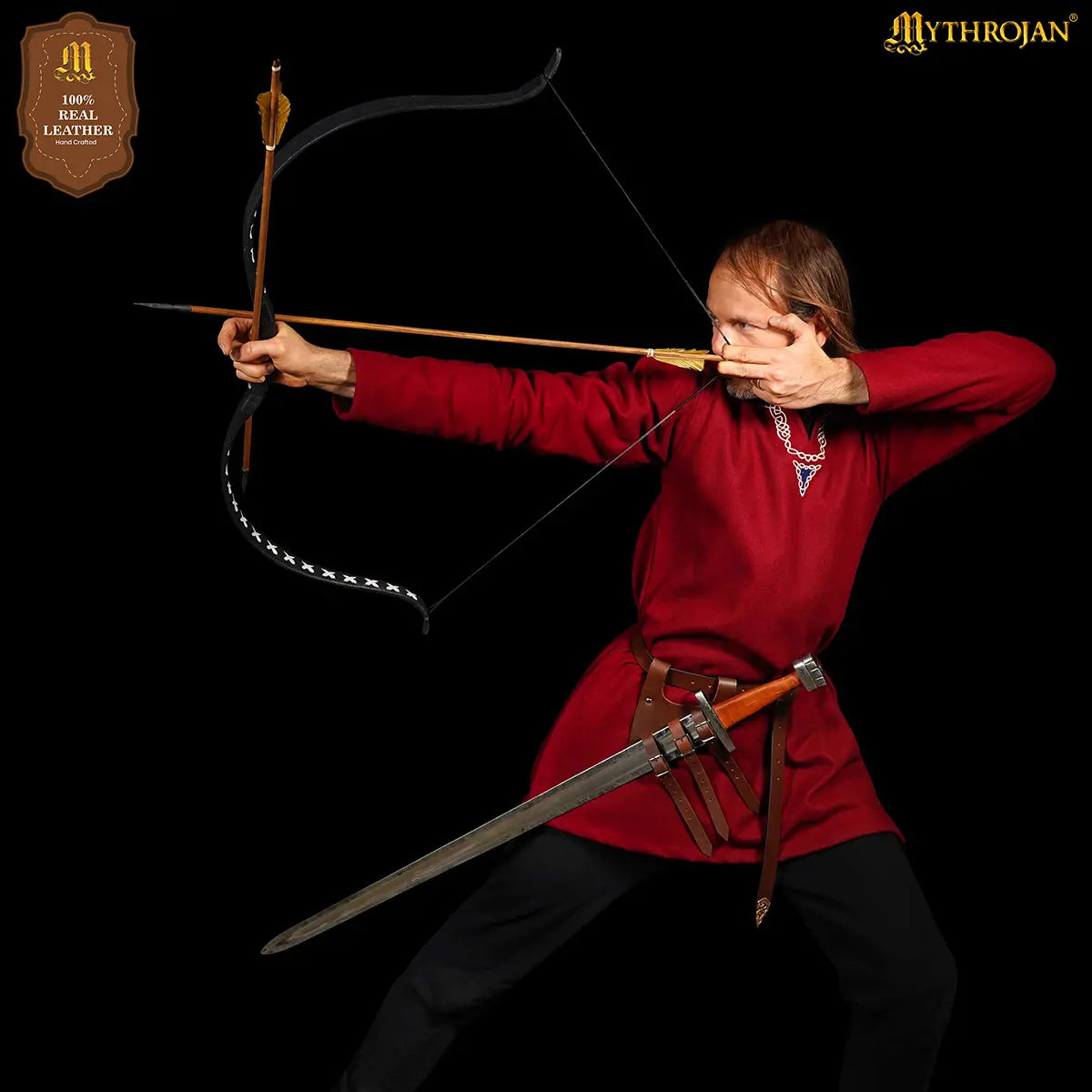 Baldric renacentista de cuero para espada, triple hebilla (Negro, Marrón)