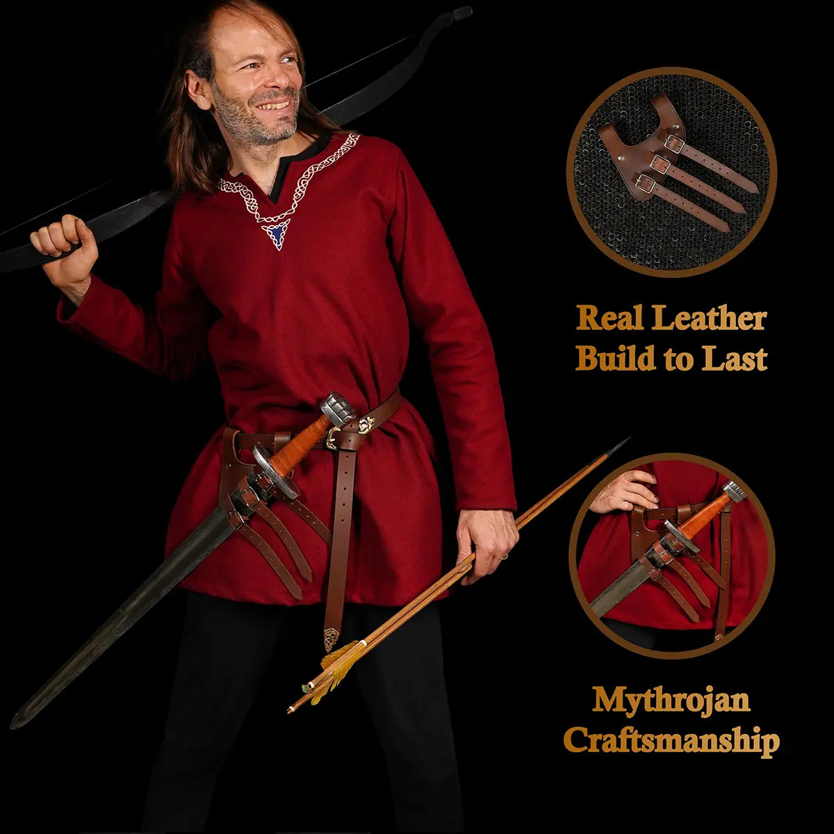 Baldric renacentista de cuero para espada, triple hebilla (Negro, Marrón)
