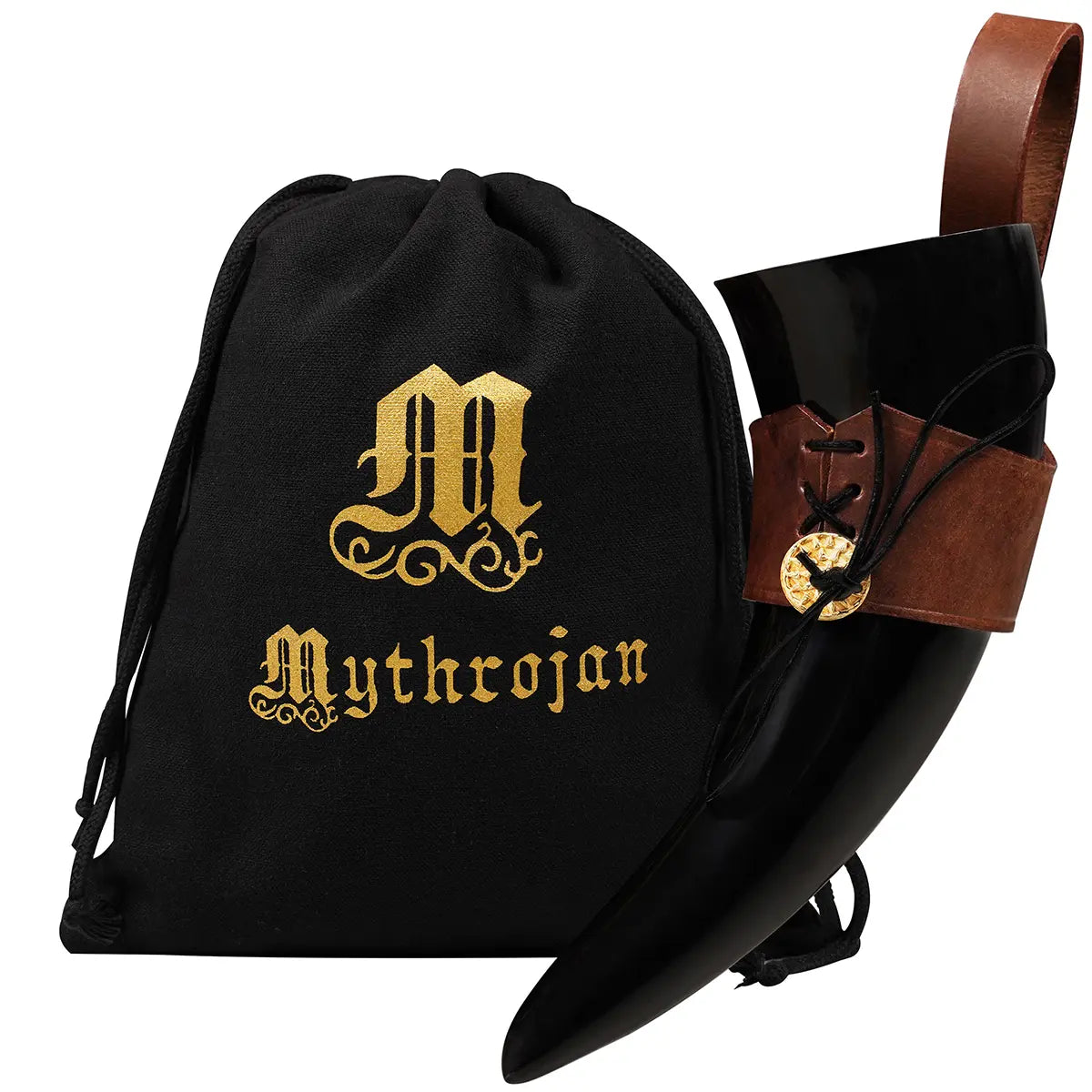 Cuerno vikingo de beber con funda de cuero y medallón de latón