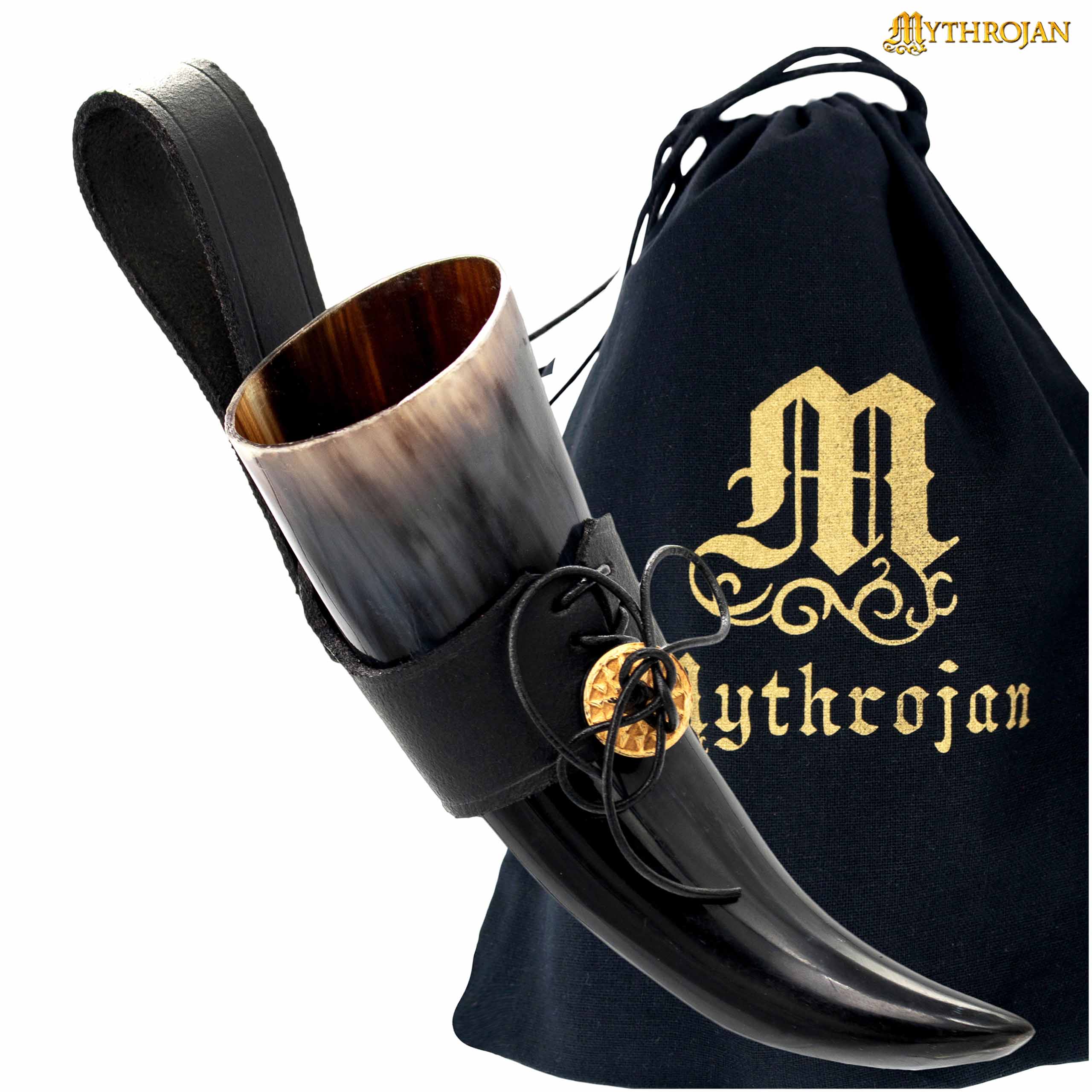 Cuerno vikingo para beber con soporte de cuero y medallón de latón - imagen 7