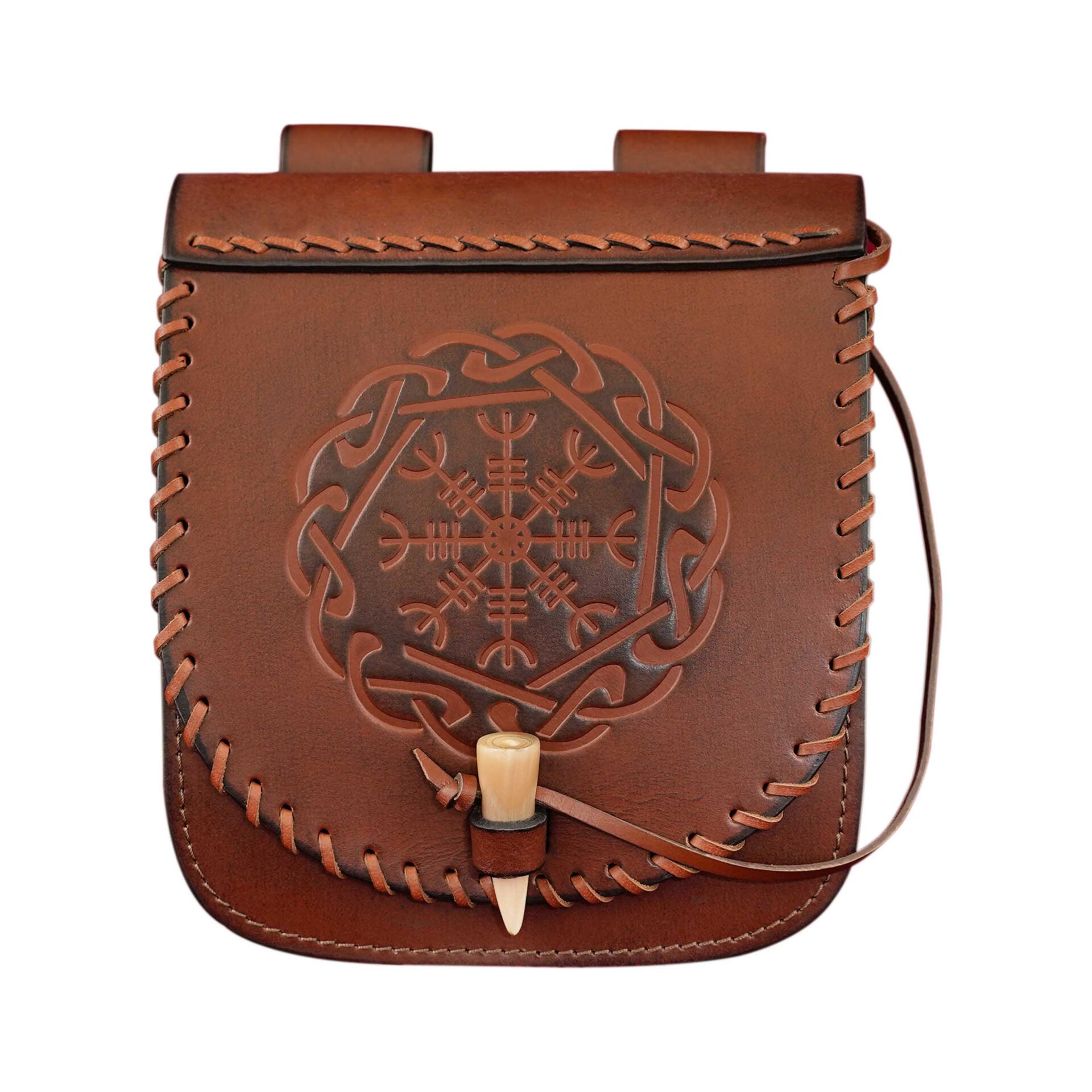 Riñonera de Cuero del Guerrero del Norte con Repujado del Yelmo del Pavor y Cierre Basculante de Hueso, Funda Larp Vikinga - Imagen 8
