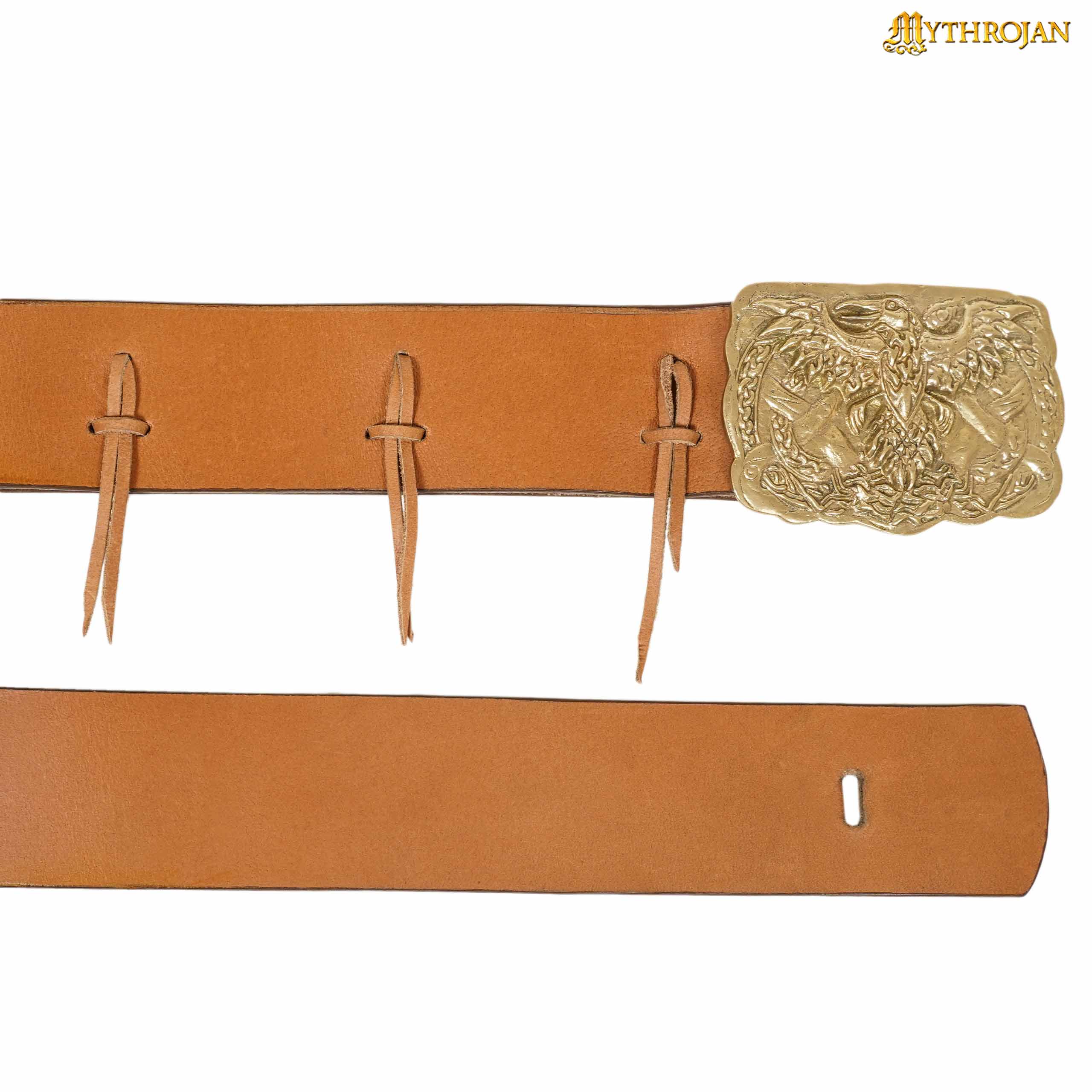 Imagen única de: Cinturón Vikingo Urbano Mythrojan con Hebilla de Latón Macizo y Cuero Auténtico con Cuervo de Odín