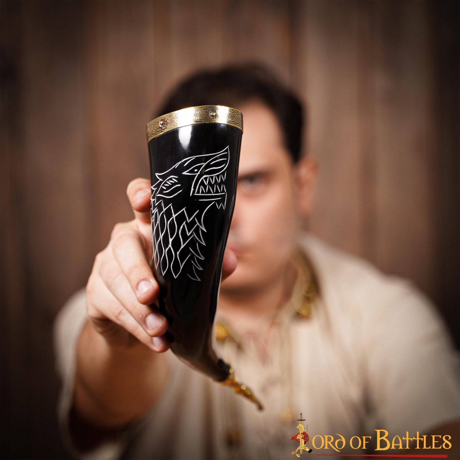 Cuerno de beber Fenrir Wolf, cuerno de buey con latón - imagen 6