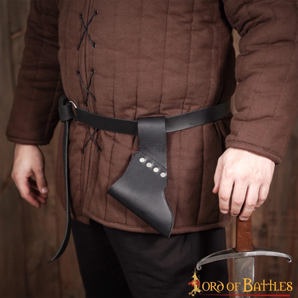 Soporte inclinado medieval de cuero negro para espada y hacha - imagen 11