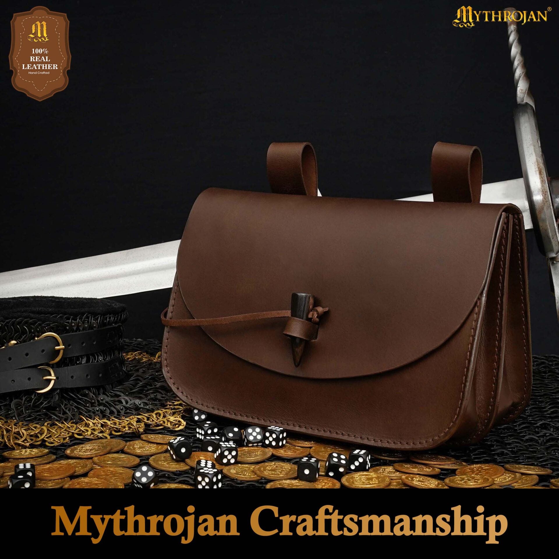 Imagen única de: Mythical Venture Medieval Leather Bag - Full Grain Brown Bolsa para Larp y Temas Medievales