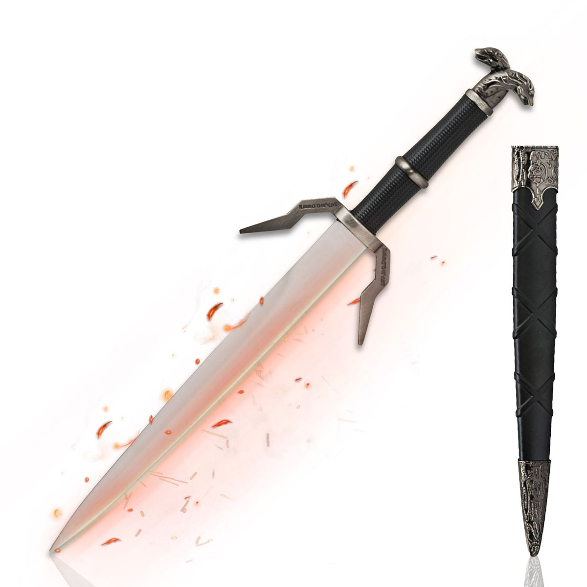 Daga de plata The Witcher con guarda asimétrica y pomo cabeza de lobo, con vaina negra