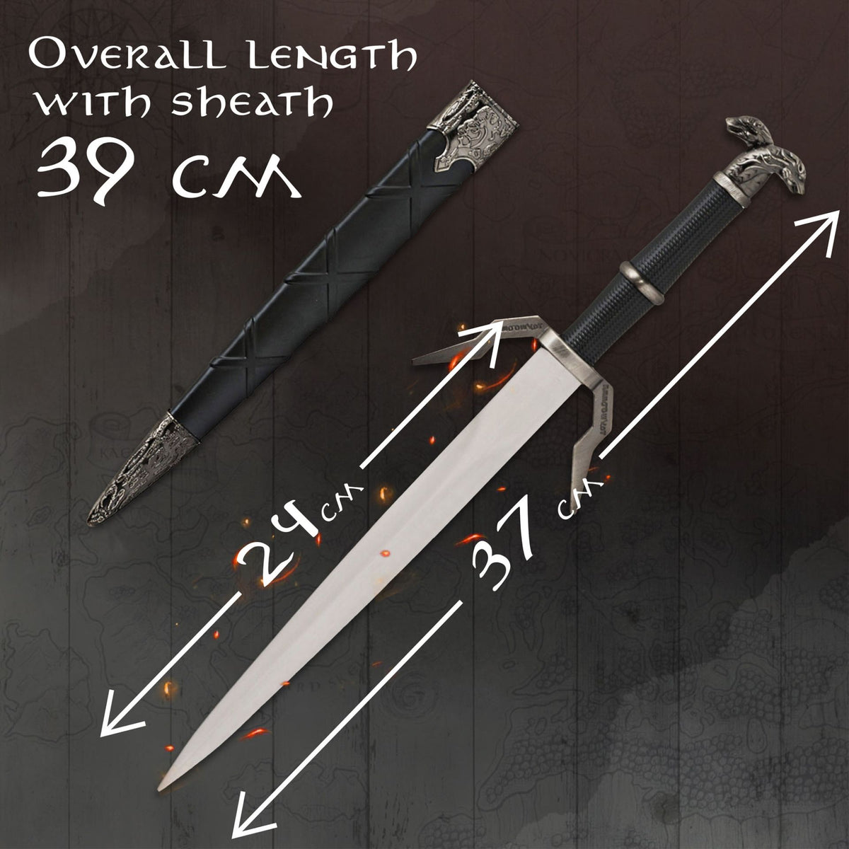 Daga de plata Geralt de Rivia con dimensiones: hoja 24 cm, total 37 cm, con vaina 39 cm