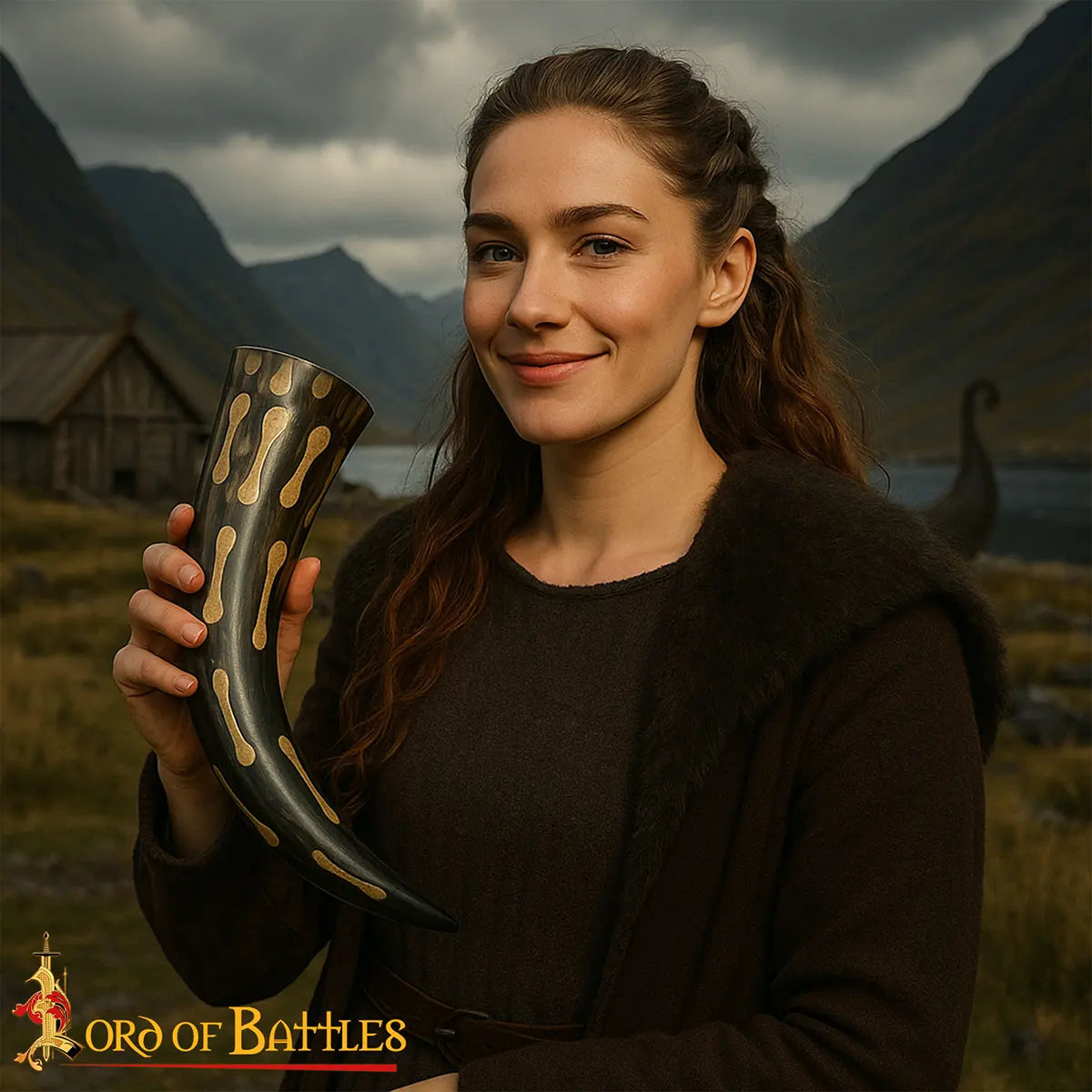 Cuerno vikingo para beber - mujer sosteniendo cuerno en ambientación nórdica