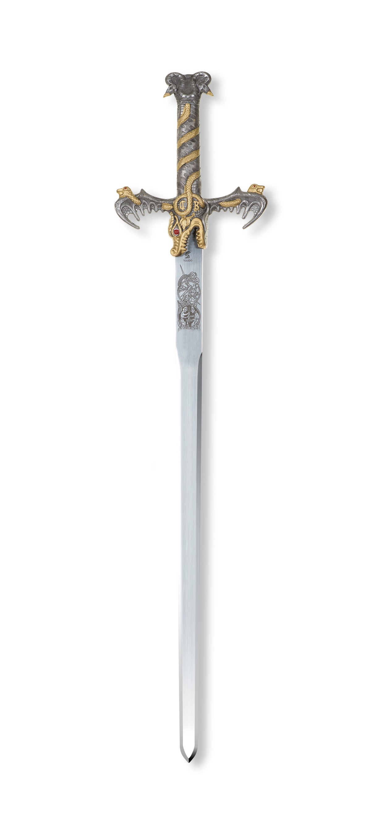 Espada barbarian decorada con guarda en garras de dragón dorado y mango con serpiente enroscada
