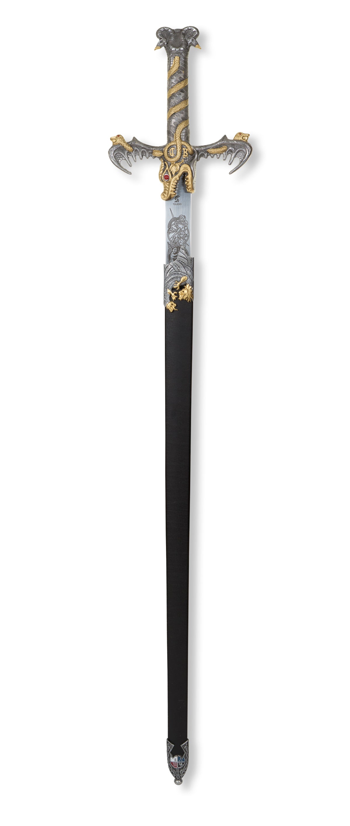 Espada barbarian decorada con vaina negra puesta, vista completa del conjunto