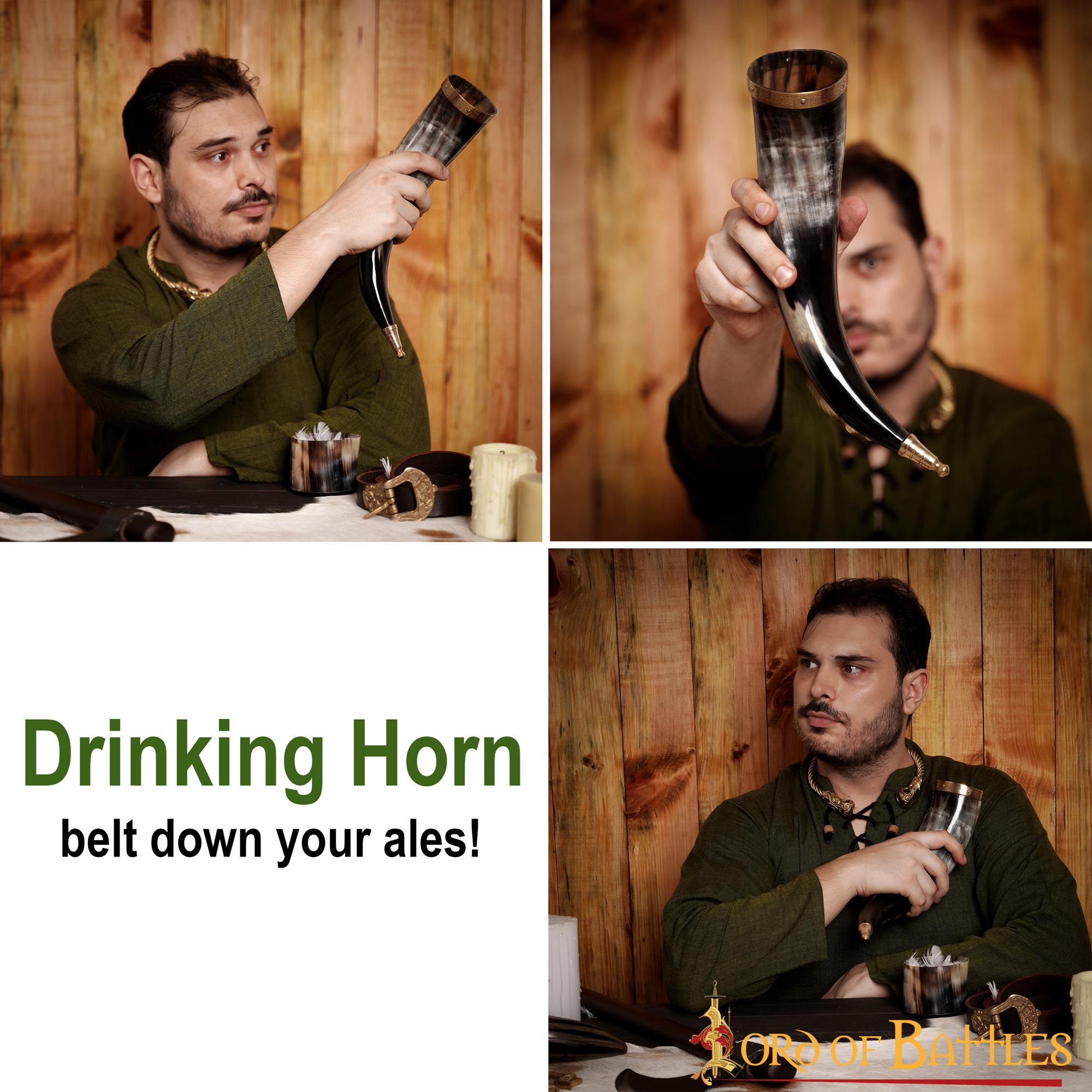 Cuerno vikingo de beber 300–400 ml con remates de latón - imagen 4