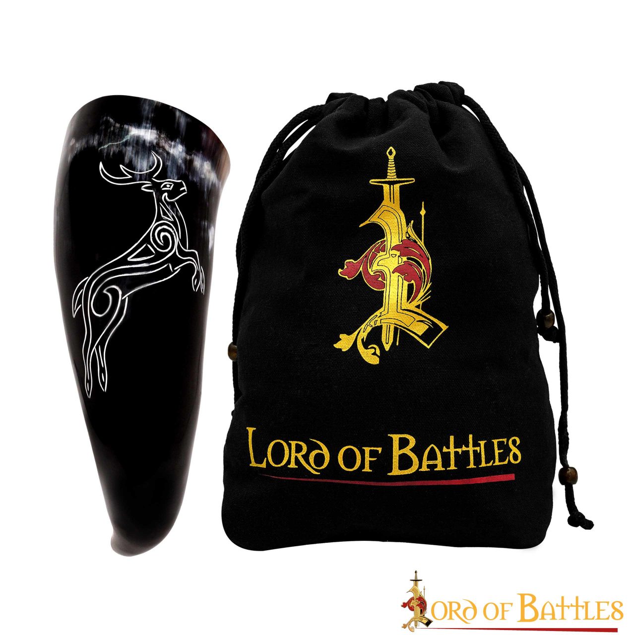 Cuerno de beber Roebuck 400–500 ml, grabado en cuerno de buey genuino