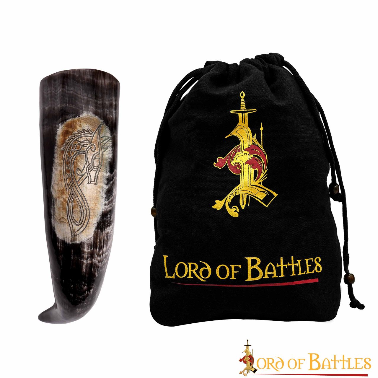 Cuerno de beber Sea Horse — 400–500 ml, artesanal de cuerno de buey auténtico
