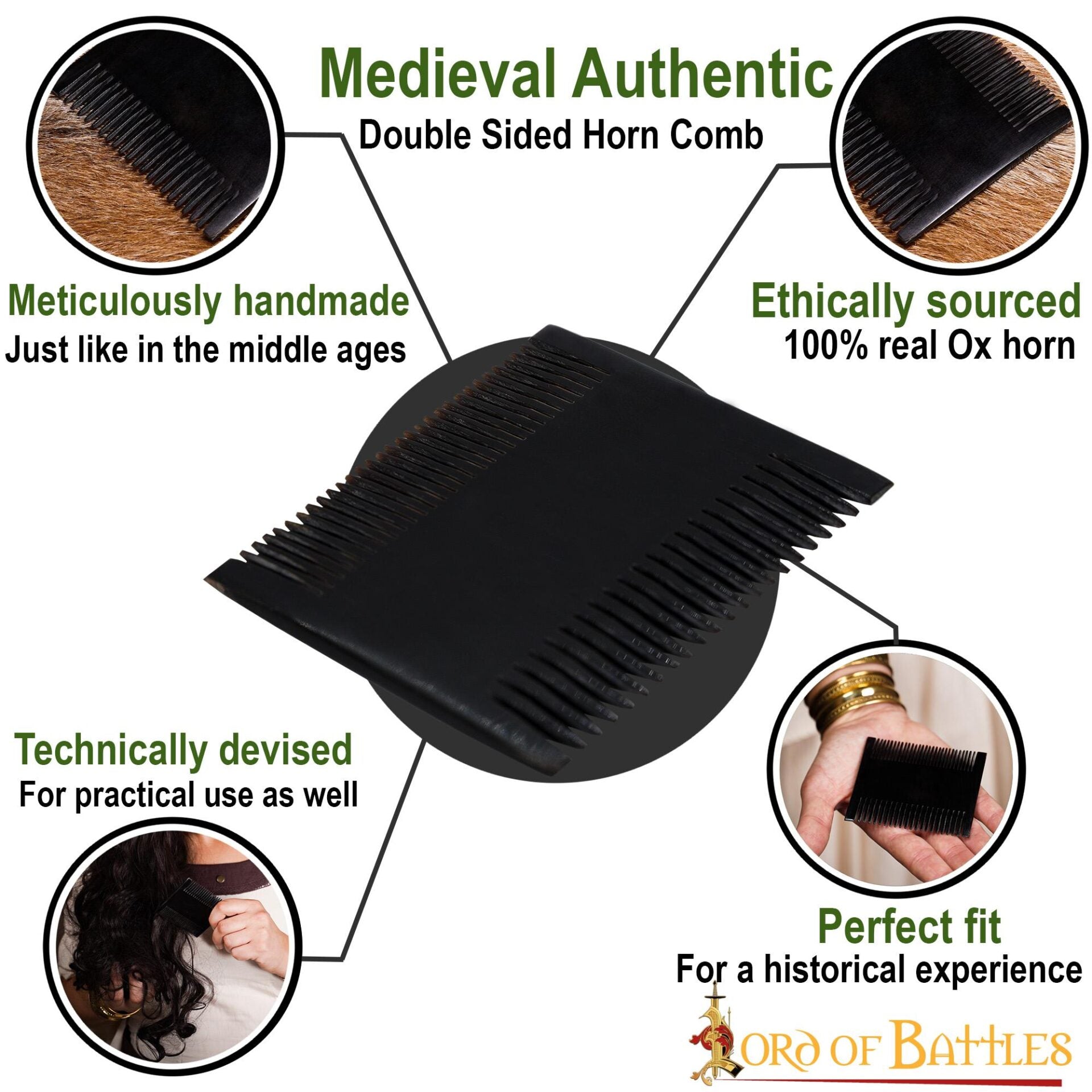 Peine Medieval de Dos Caras Hecho a Mano con Auténtico Cuerno de Buey - Imagen 4