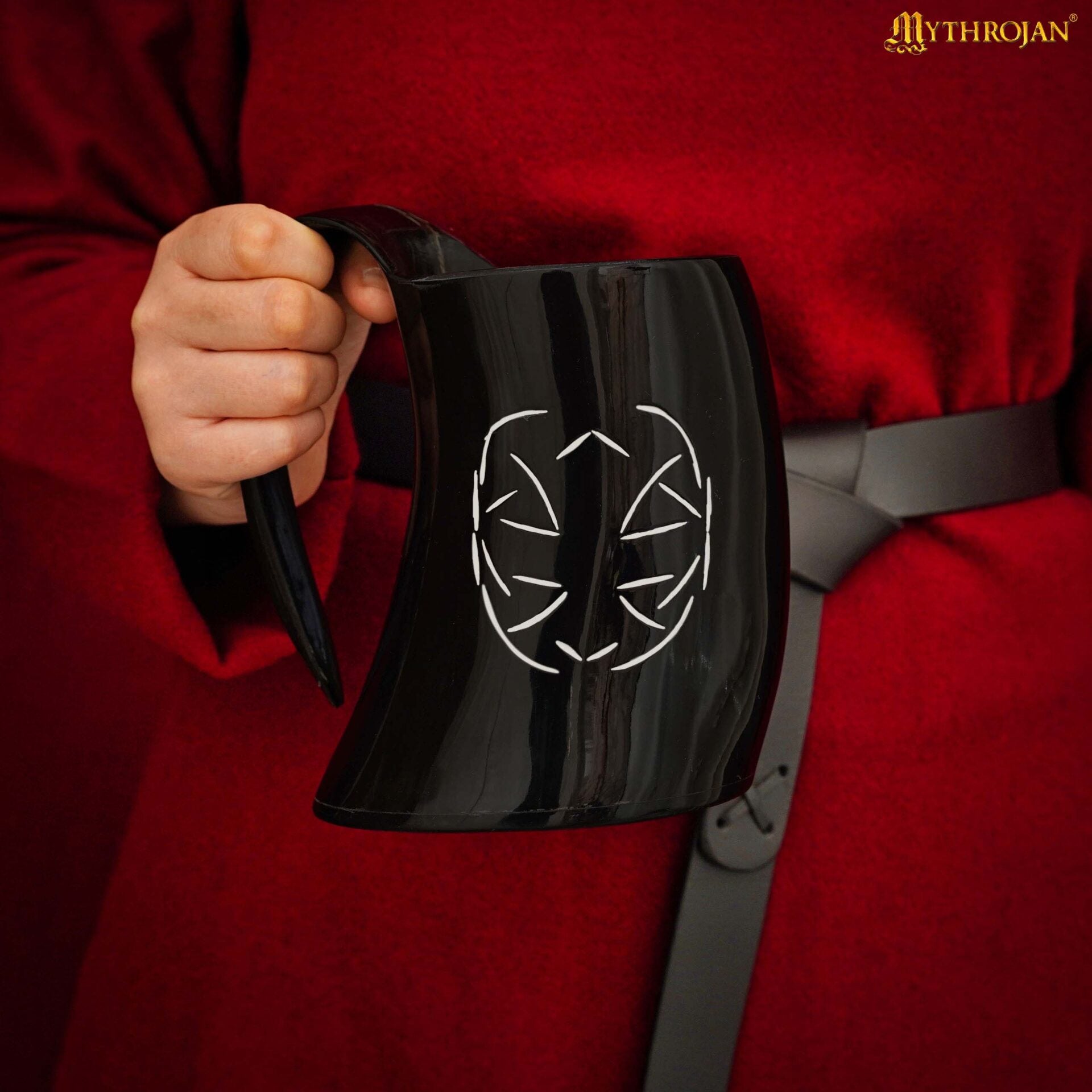 Cuerno vikingo para beber con grabado geométrico y correa de cuero - imagen 19