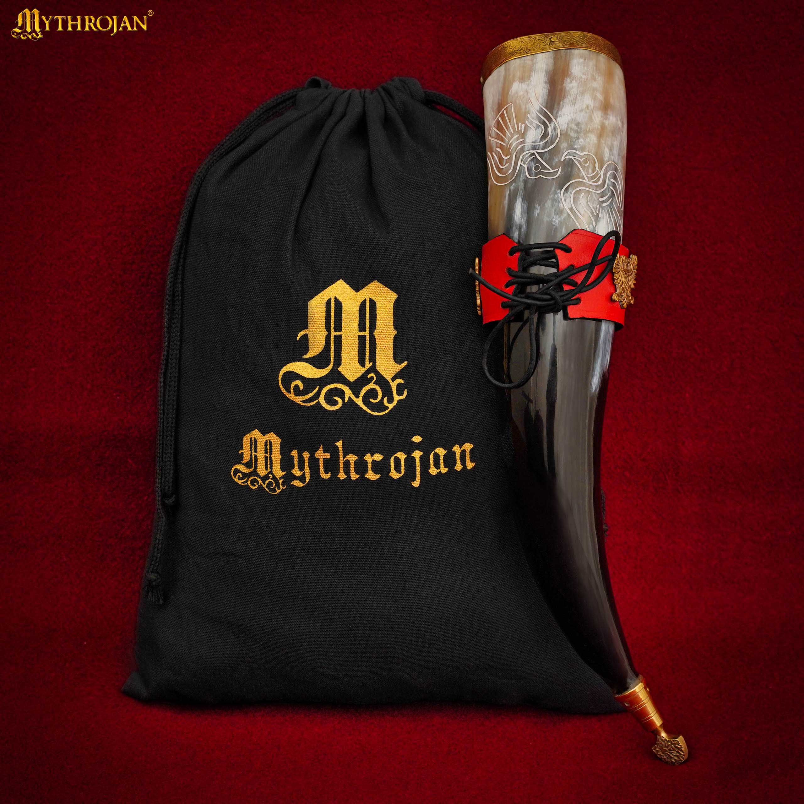 Imagen única de: Mythrojan El Ave de Presa – Cuerno Vikingo Pulido 350 ml con Soporte de Cuero Rojo