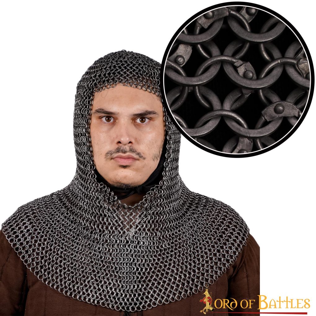 Imagen única de: Cofia Medieval de Cota de Malla - Anillo Redondo de 9 Mm, Calibre 18, con Remaches (acero Dulce Ennegrecido)