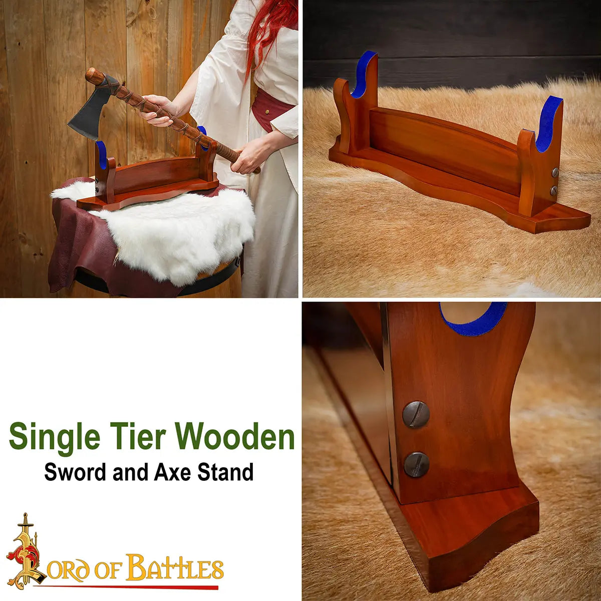 Soporte artesanal de madera maciza para espada y hacha
