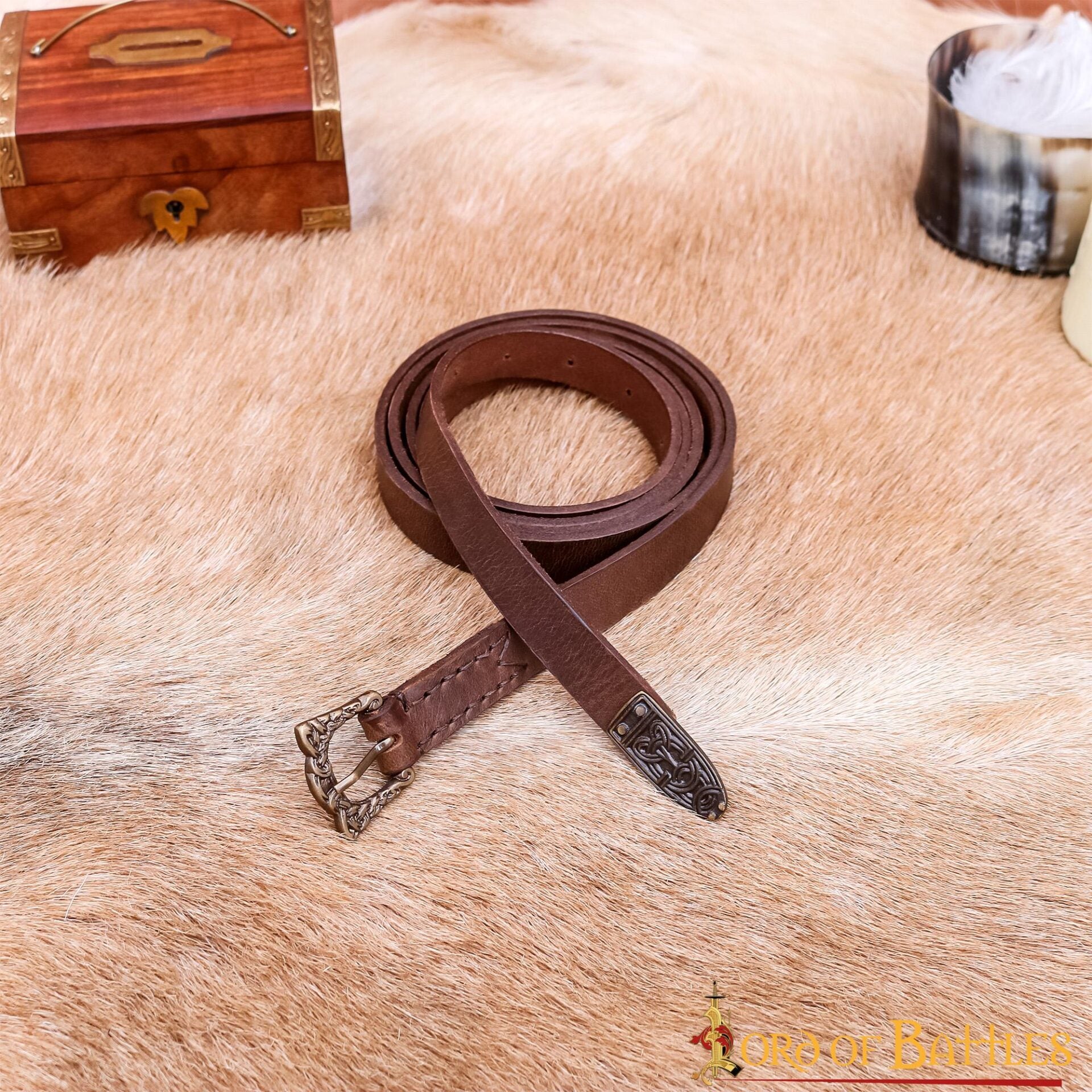 Cinturón vikingo de cuero Birka con hebilla de latón envejecido - imagen 13