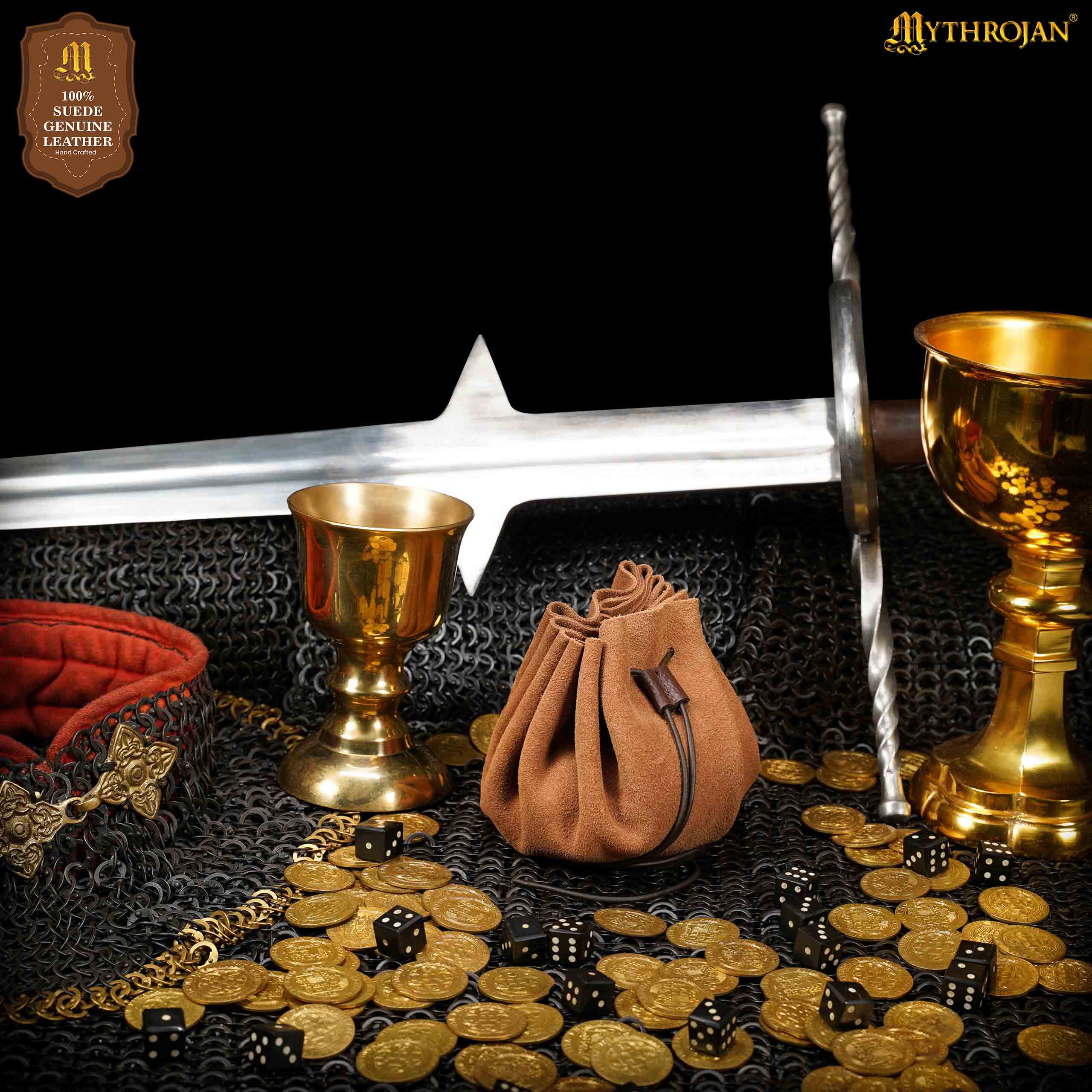 Imagen única de: Bolsa medieval de ante con cordón para monedas y dados