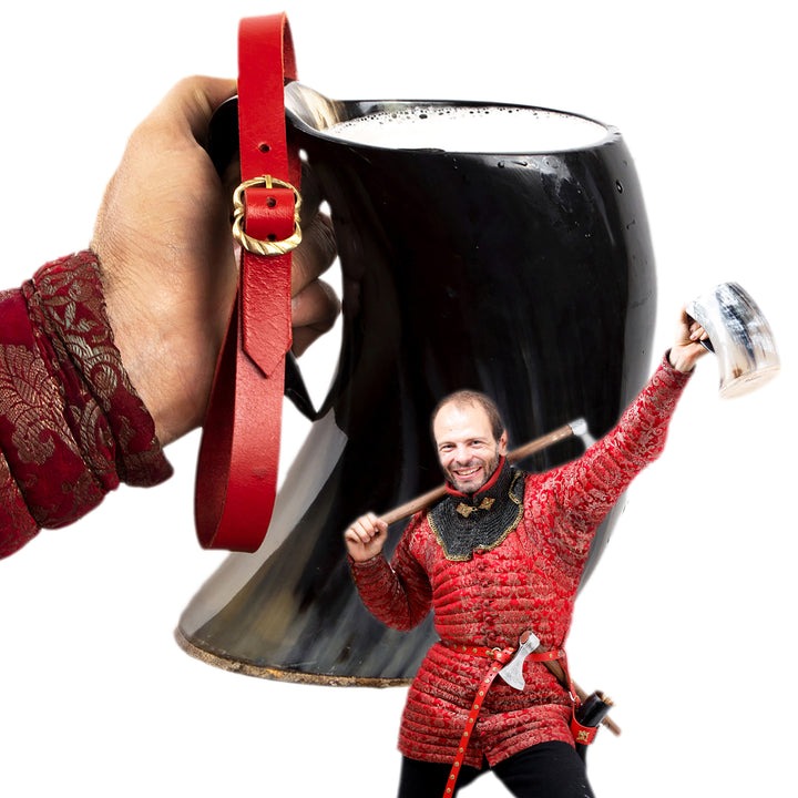 Imagen única de: Cuerno para beber extra grande 1400 ml con correa de cuero rojo