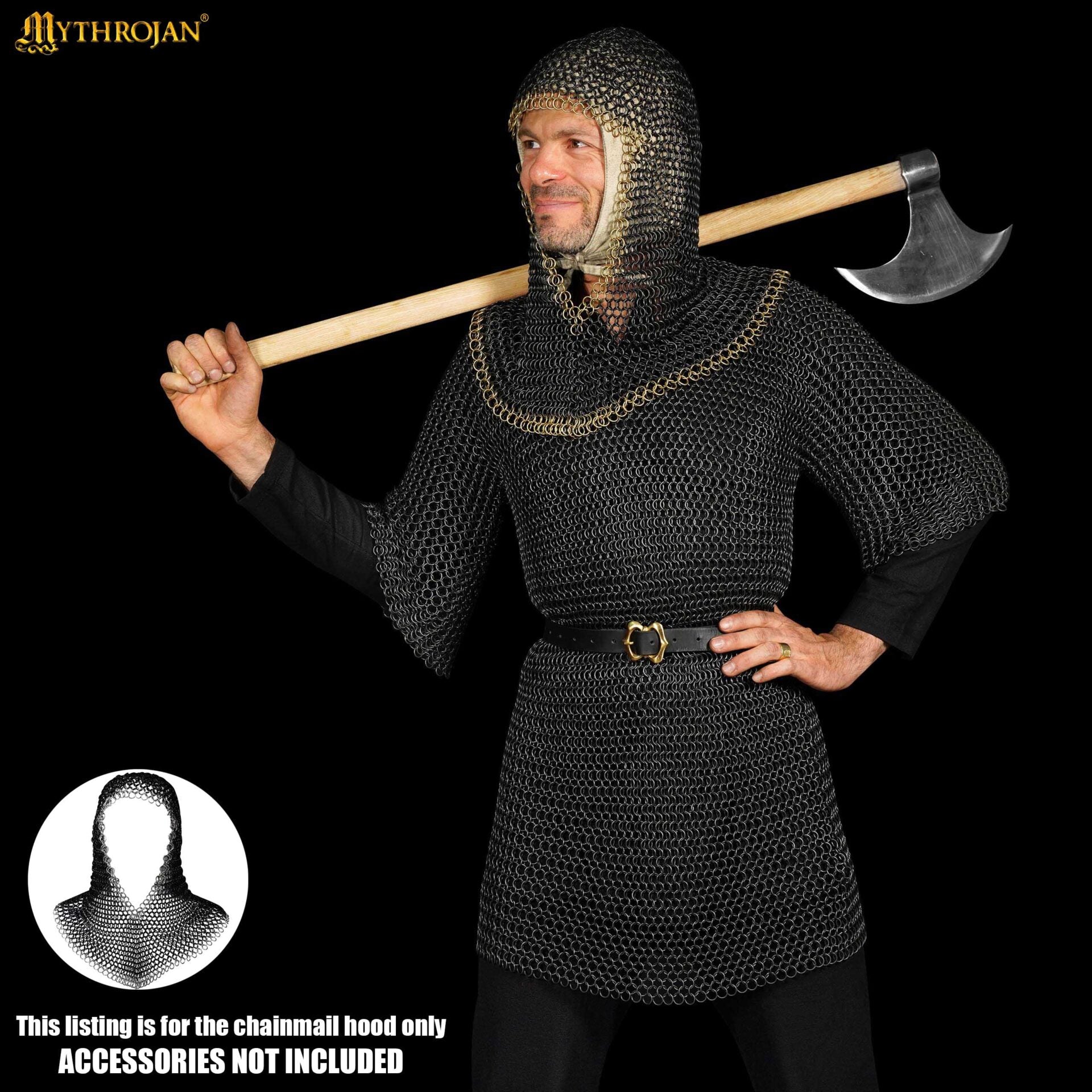 Imagen única de: Cofia Medieval de Cota de Malla - Acero Dulce Ennegrecido con Borde de Latón Macizo - Anillos de 10 Mm y 16 Galgas