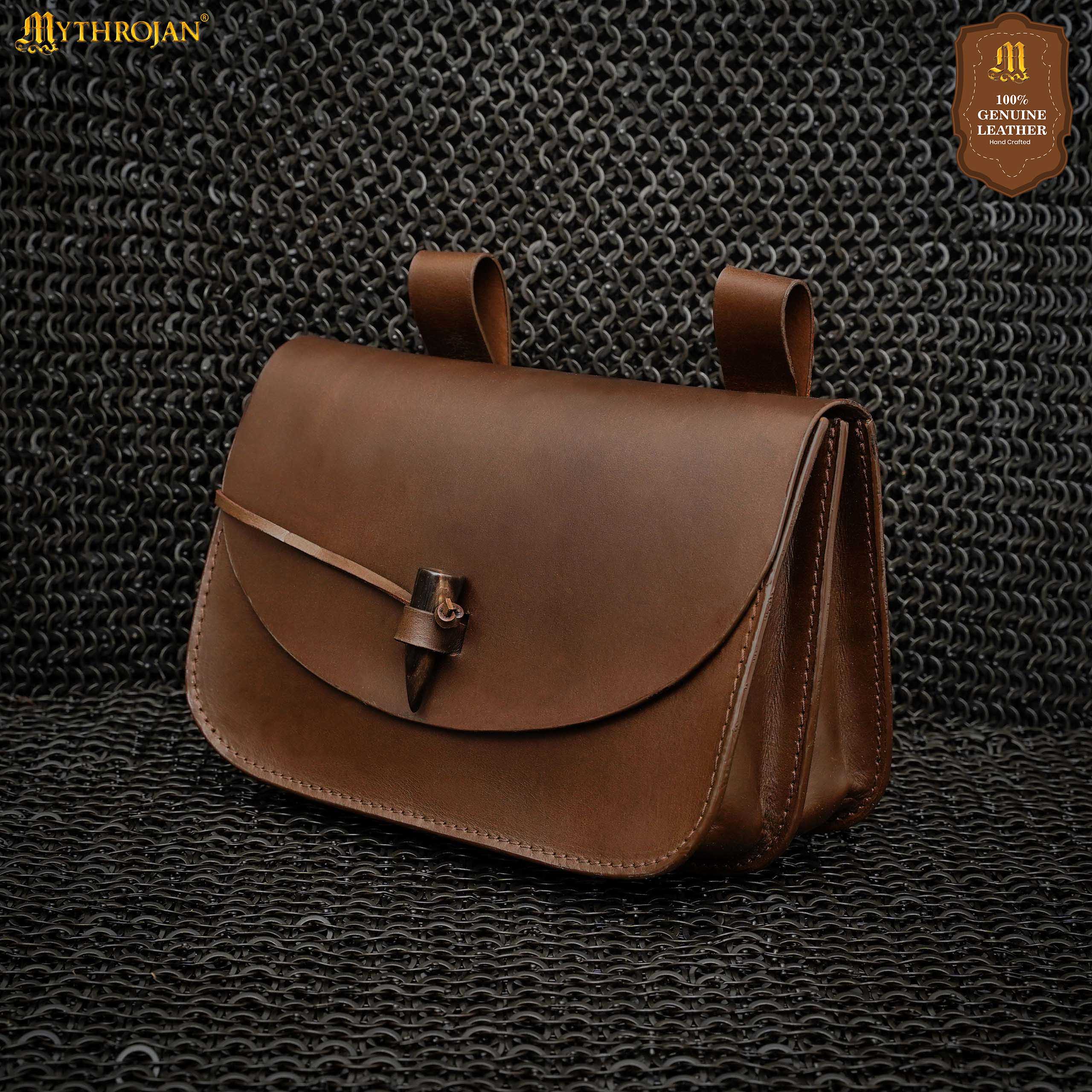 Imagen única de: Mythical Venture Medieval Leather Bag - Full Grain Brown Bolsa para Larp y Temas Medievales