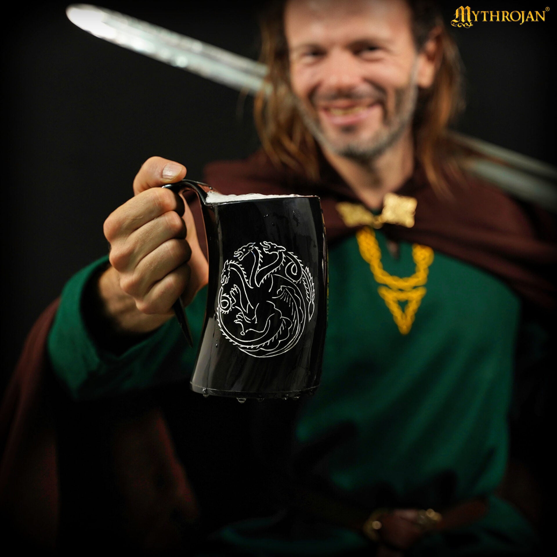 Jarra vikinga de cuerno de buey con sigilo de dragón y correa de cuero - imagen 12