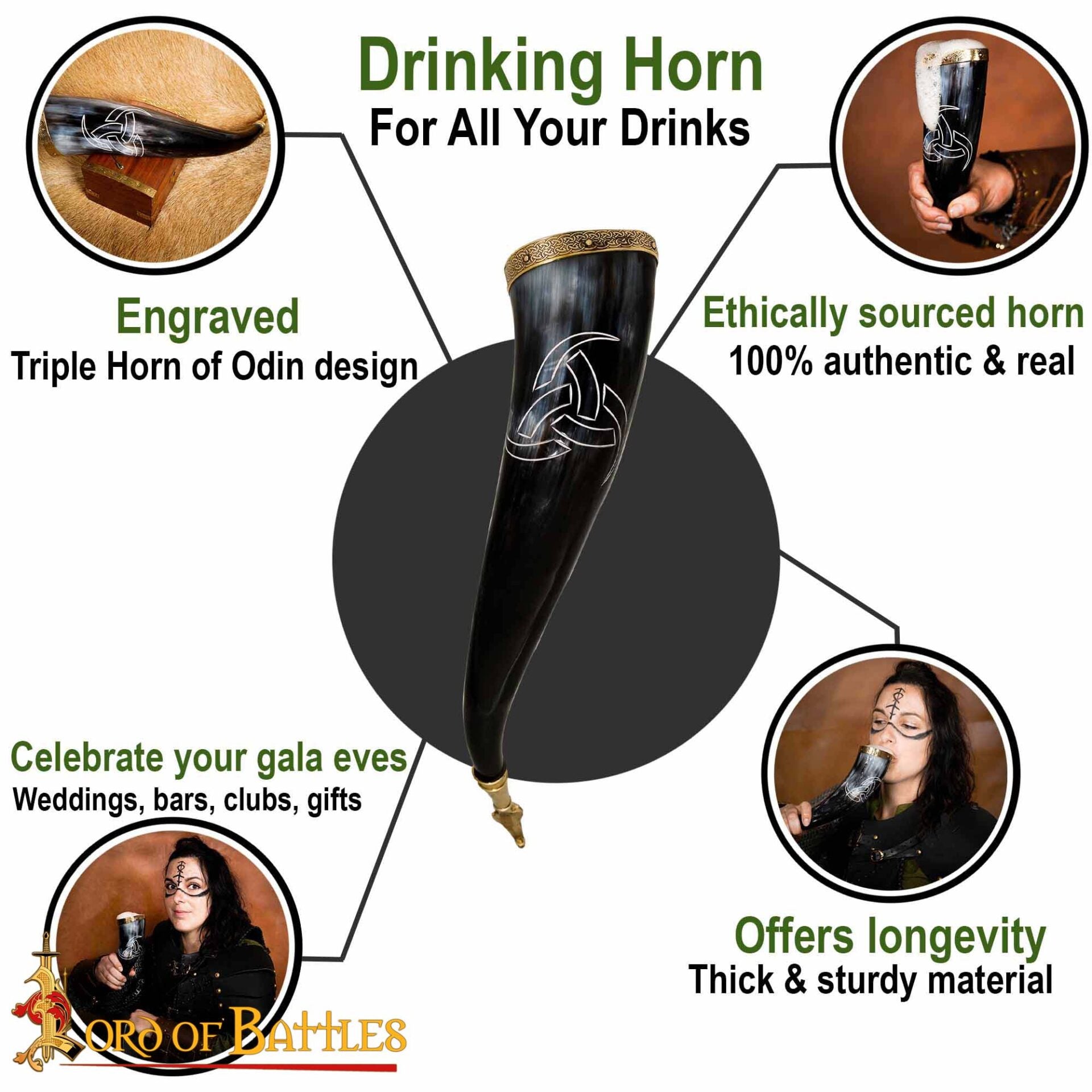 Cuerno de bebida triple «Odin» 300–400 ml — cuerno de buey con herrajes de latón - imagen 9
