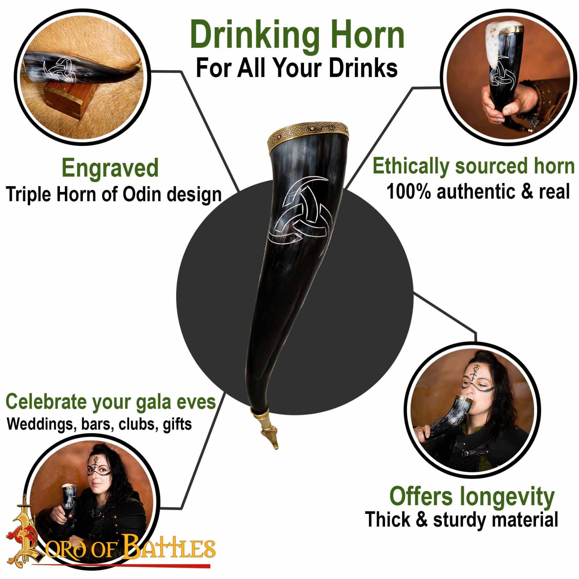 Cuerno de beber Odin 300–400 ml con herrajes de latón - imagen 4