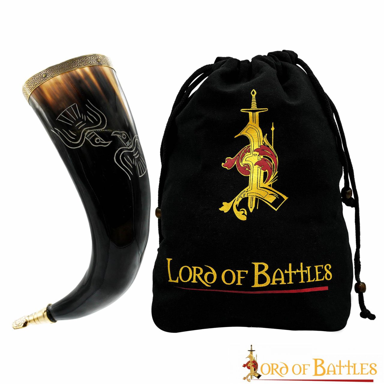 Cuerno de beber medieval Odin's Ravens 300–400 ml con herrajes de latón puro