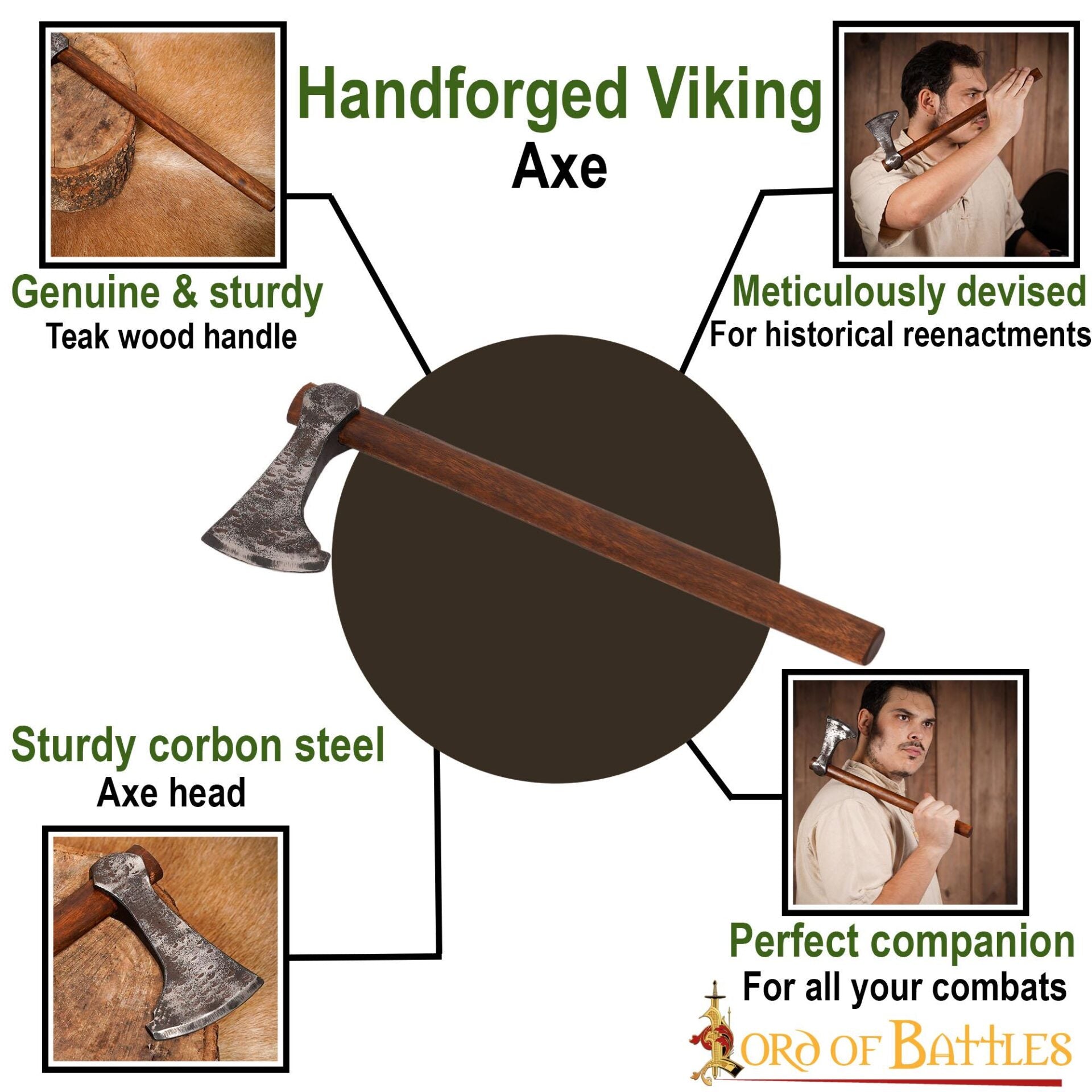 Hacha vikinga forjada a mano con cabeza de acero al carbono y mango de madera - imagen 11