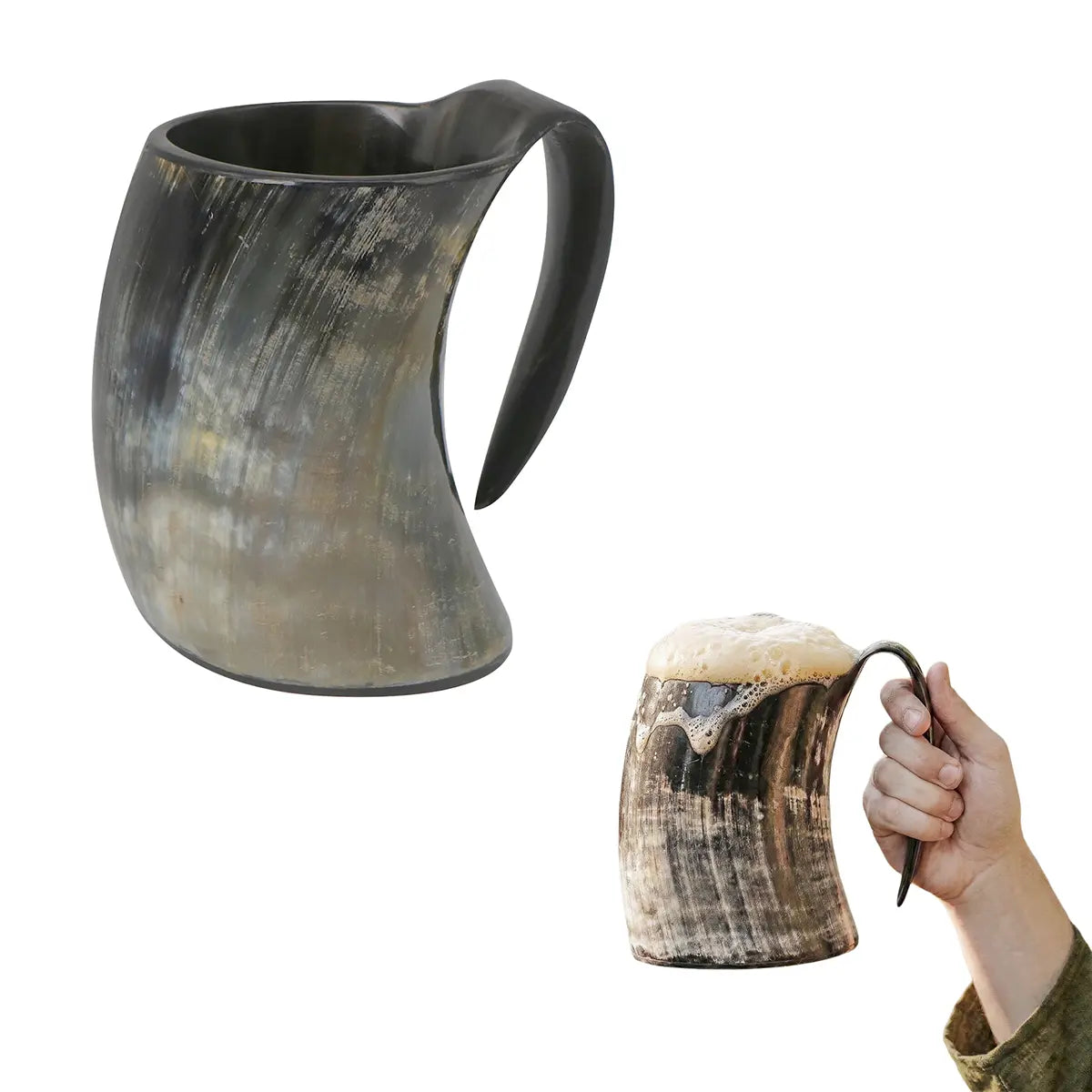 Jarra vikinga de cuerno natural pulido con asa (600/800 ml)