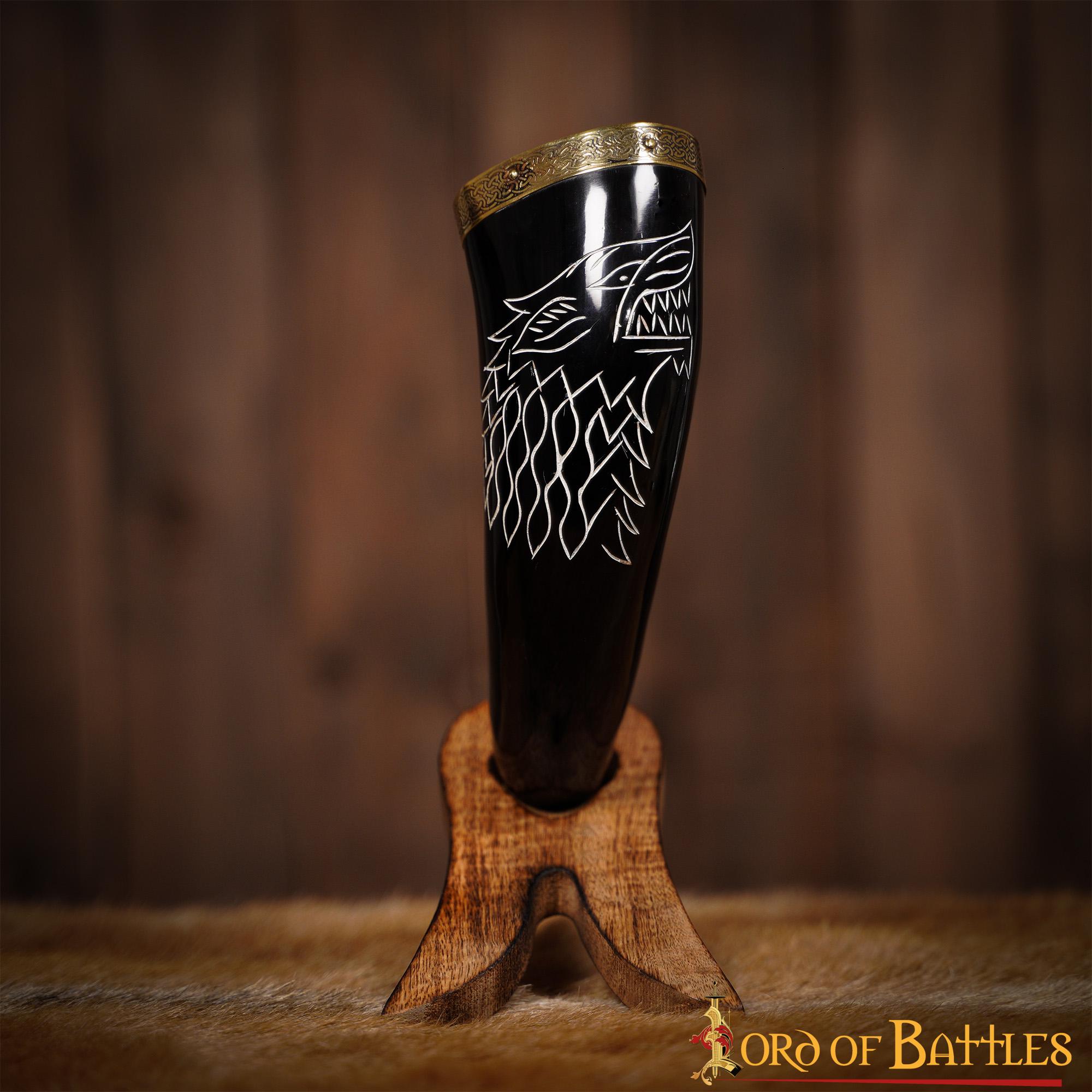 Cuerno de beber Fenrir Wolf, cuerno de buey con latón - imagen 8