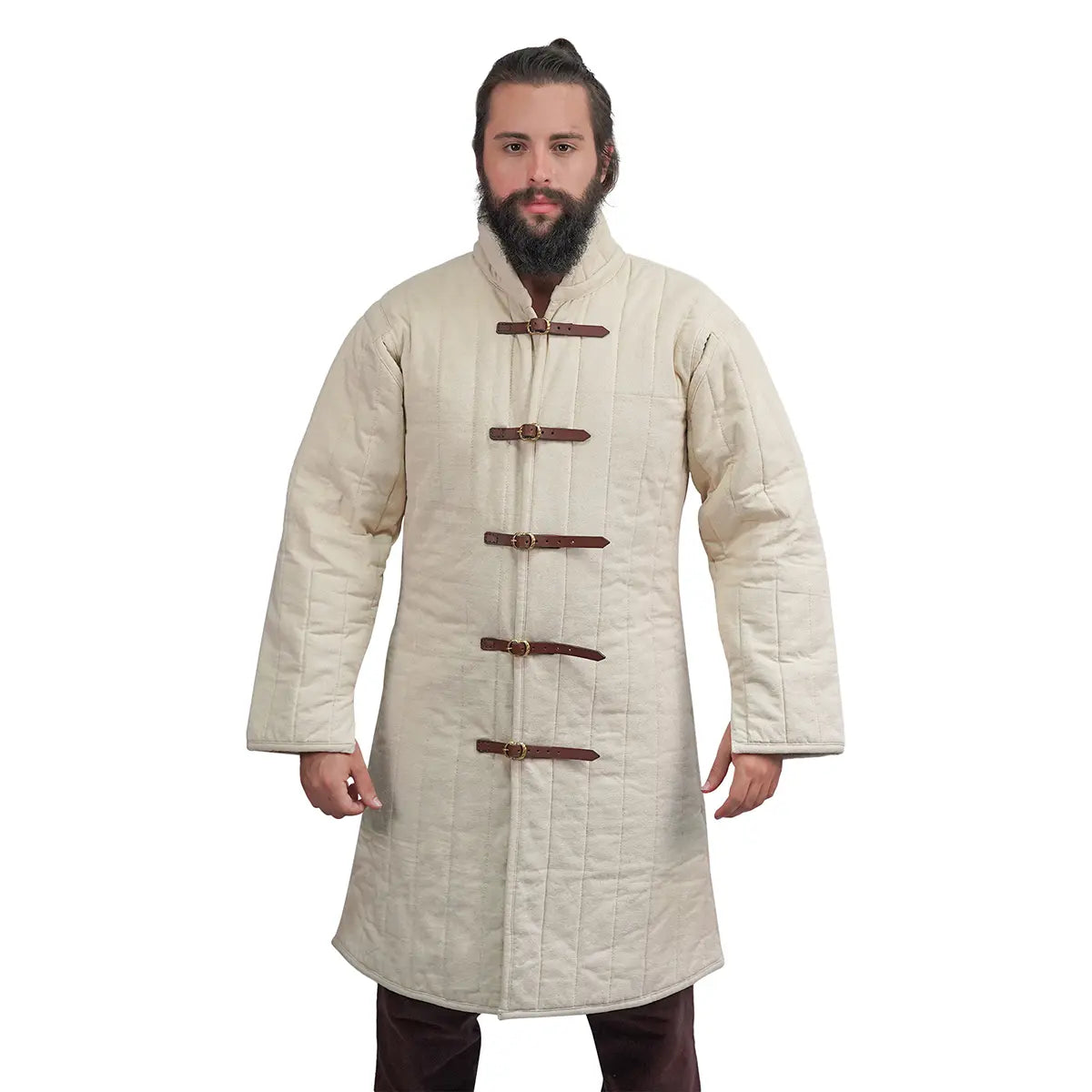 Gambesón medieval acolchado de lona con hebillas