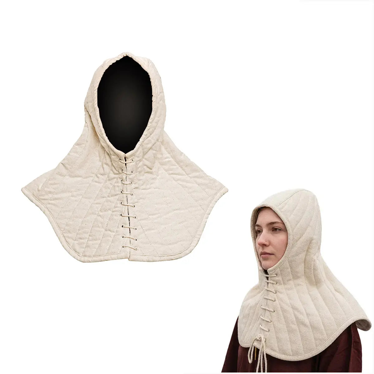 Capucha acolchada medieval con cuello y cordones