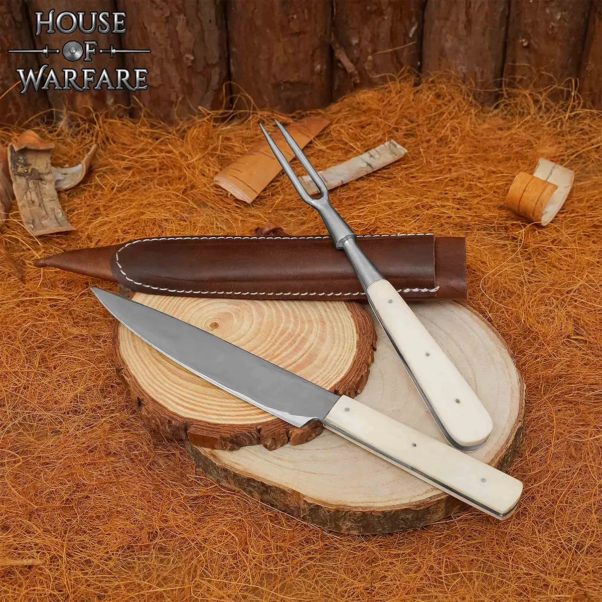 Cuchillo y tenedor medieval con mango de hueso - imagen 14