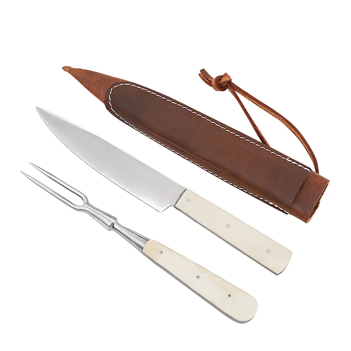 Cuchillo y tenedor medieval con mango de hueso