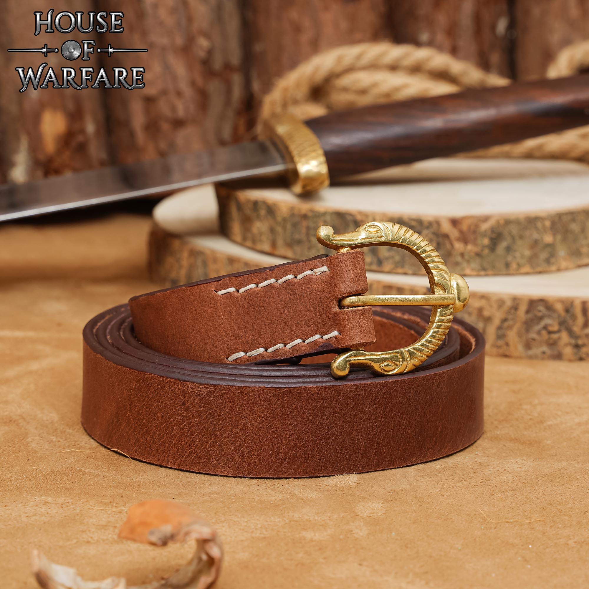 Cinturón vikingo y medieval de cuero con hebilla de latón - imagen 15