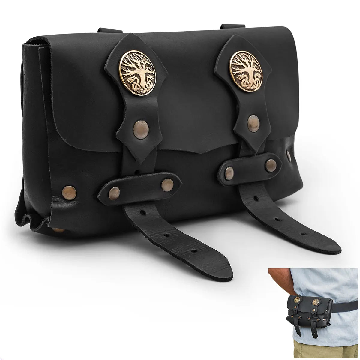 Bolsa de cinturón de cuero Toledo en negro con medallones Yggdrasil