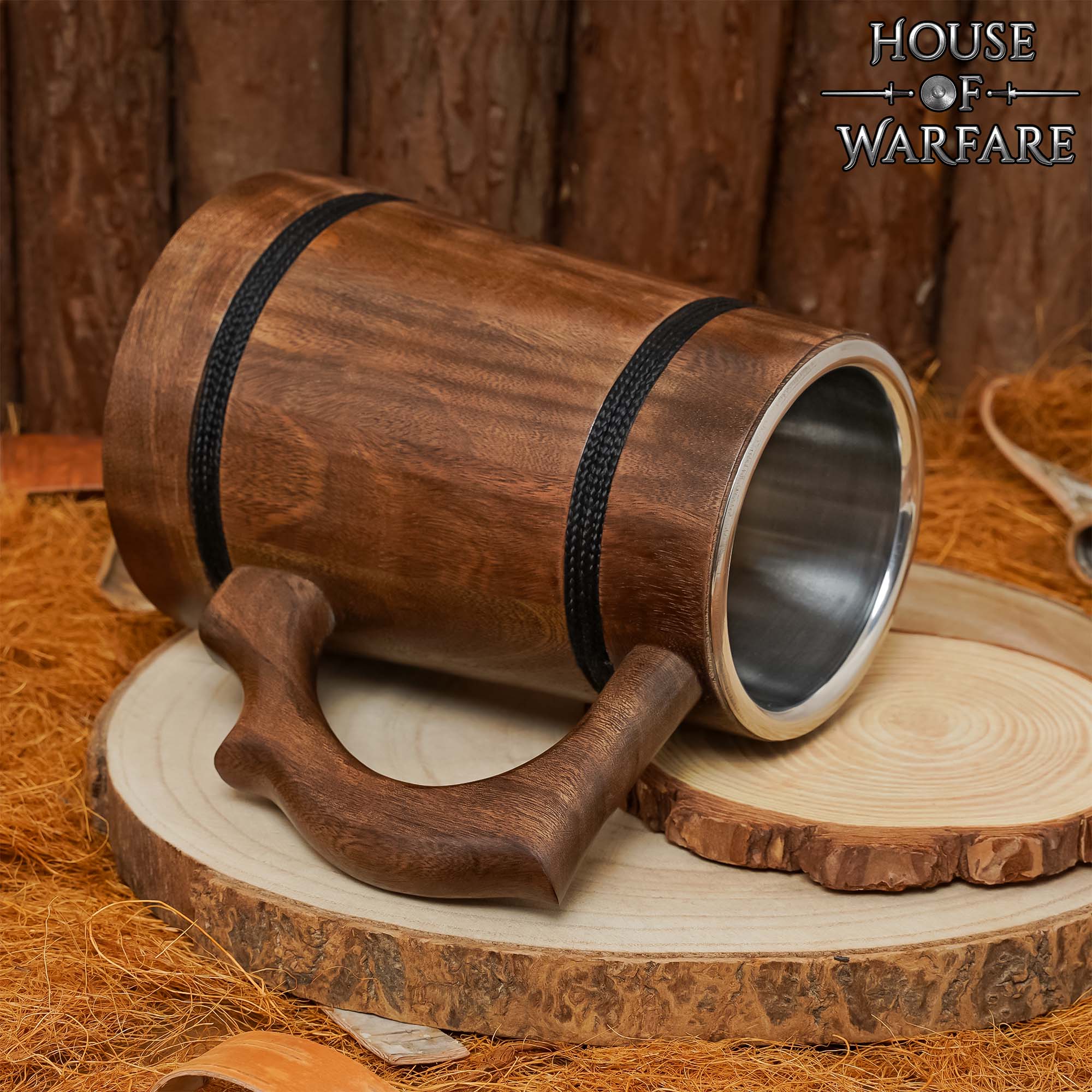 Imagen única de: Jarra Vikinga de Madera con Revestimiento de Acero Inoxidable - Acabado Pulido