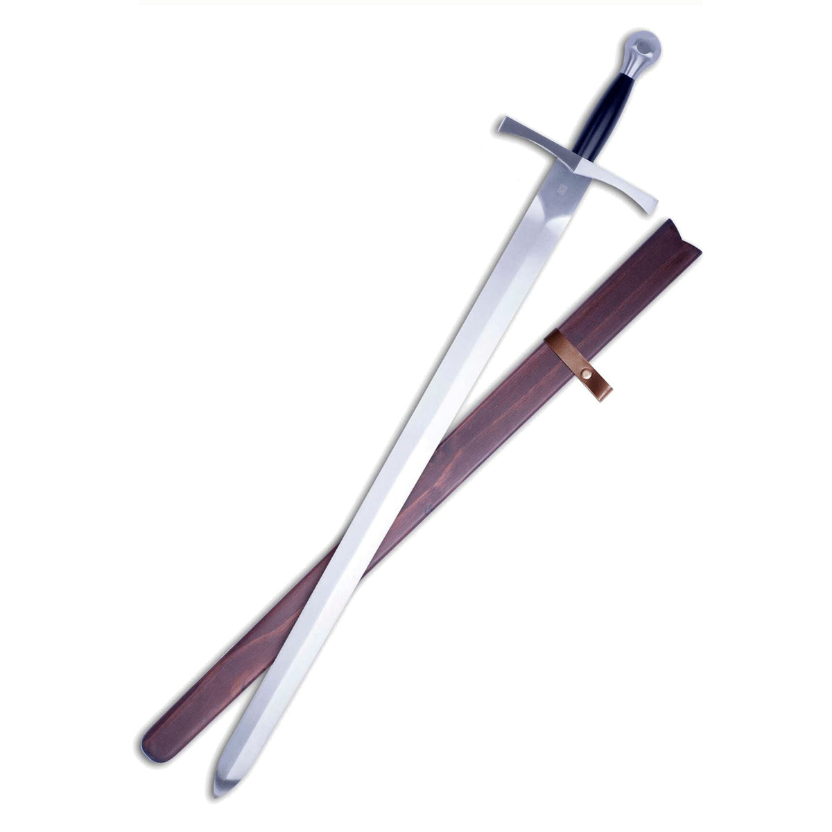 Espada medieval Marto con vaina de madera, vista frontal y conjunto