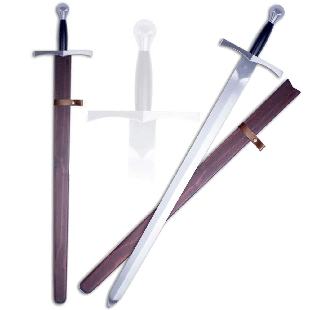 Espada medieval Marto con vaina de madera, vista lateral diagonal