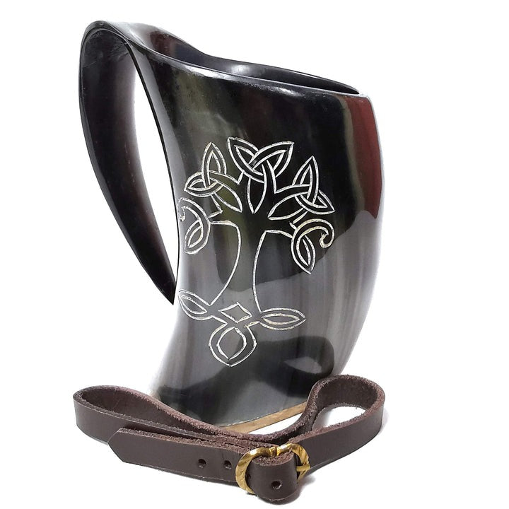 Cuerno de beber vikingo 600 ml — Árbol de la Vida y correa de cuero - imagen 5