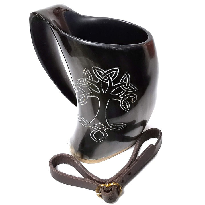 Cuerno de beber vikingo 600 ml — Árbol de la Vida y correa de cuero - imagen 6