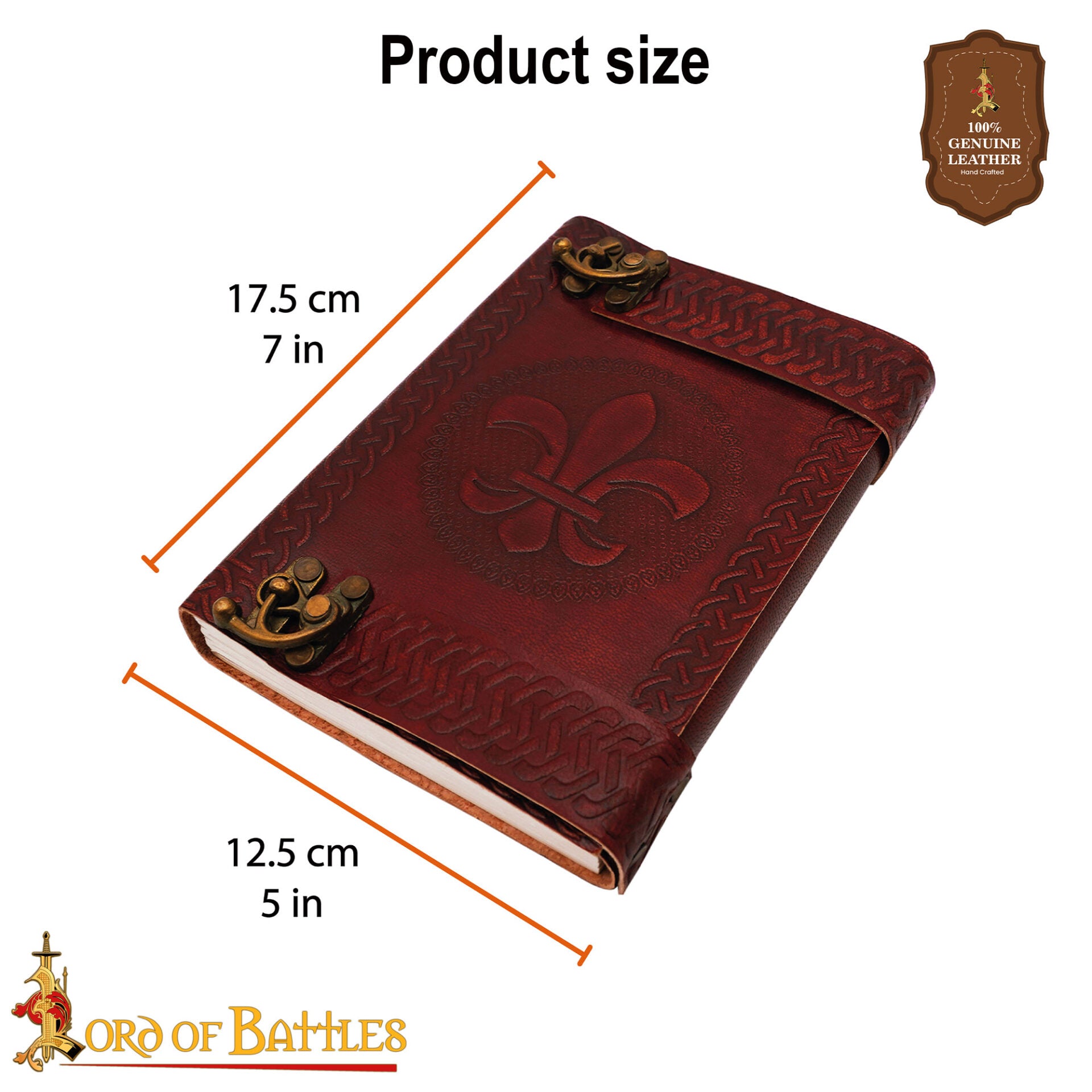 Imagen única de: Cuaderno de cuero hecho a mano con Fleur‑de‑Lys y broches de latón, 7 x 5 pulgadas - Con Defecto
